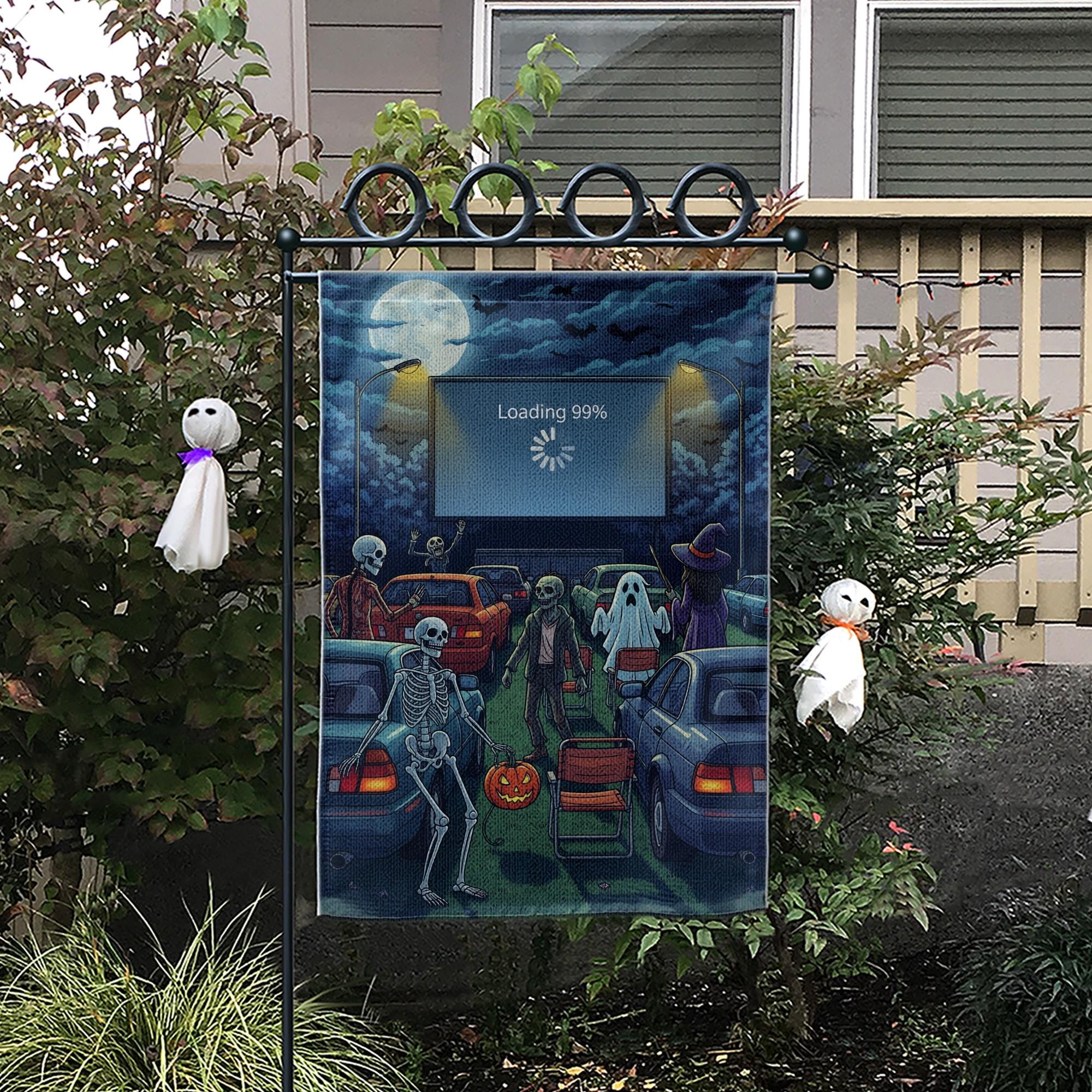 Funny Halloween Drive-In Garden Flag – Skeletons, Ghosts, Zombies & Loading Screen, Spooky Outdoor Yard Decor for Fall