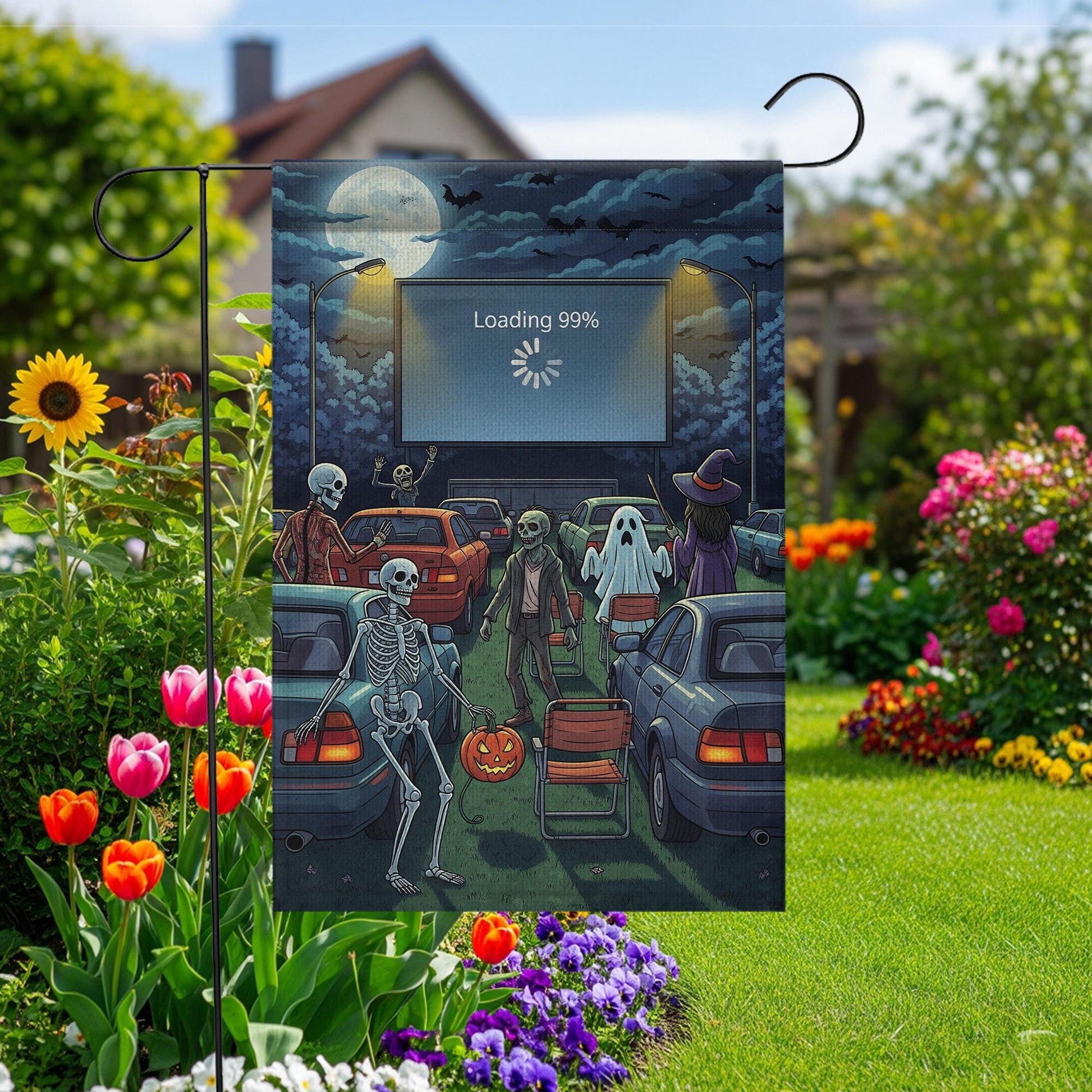 Funny Halloween Drive-In Garden Flag – Skeletons, Ghosts, Zombies & Loading Screen, Spooky Outdoor Yard Decor for Fall