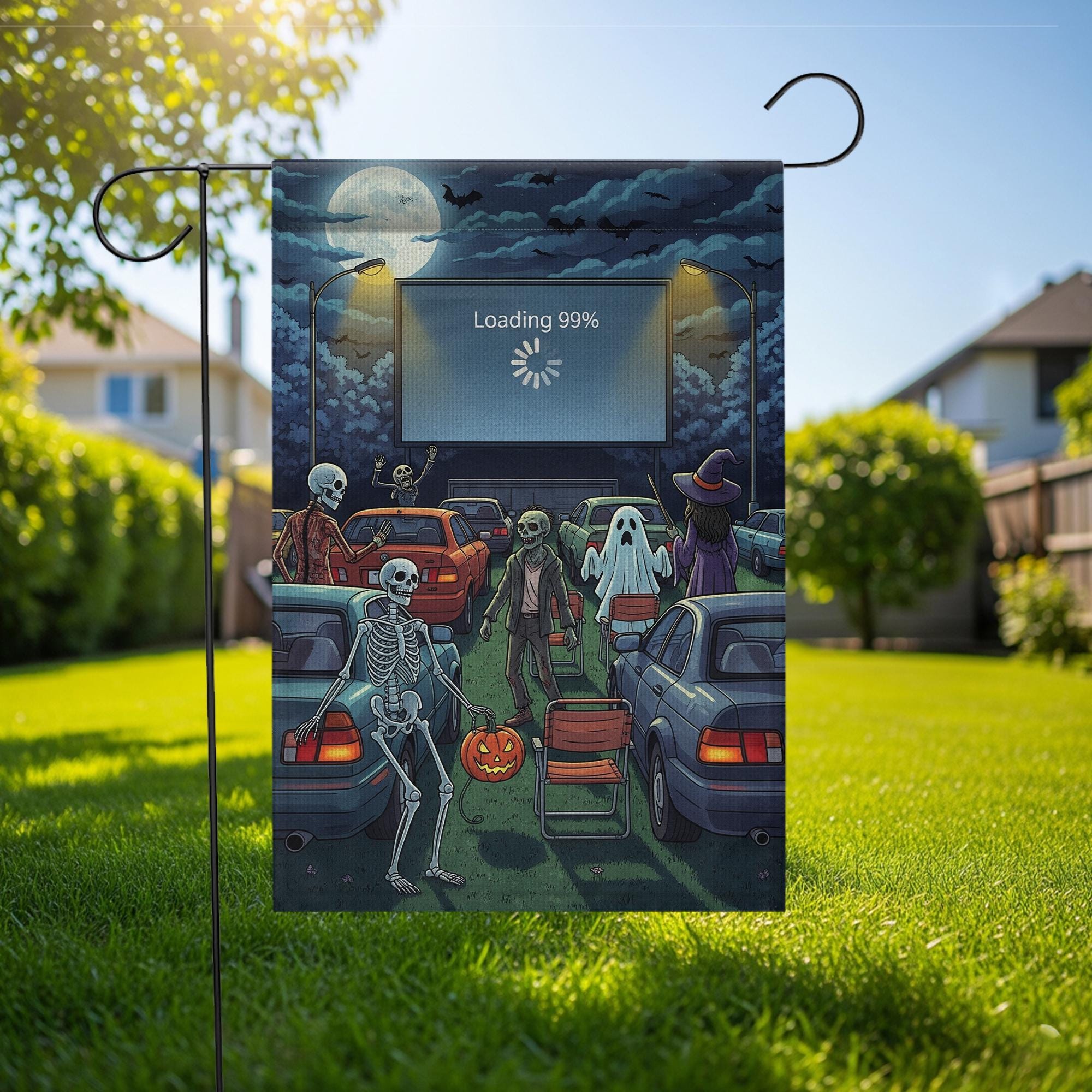 Funny Halloween Drive-In Garden Flag – Skeletons, Ghosts, Zombies & Loading Screen, Spooky Outdoor Yard Decor for Fall