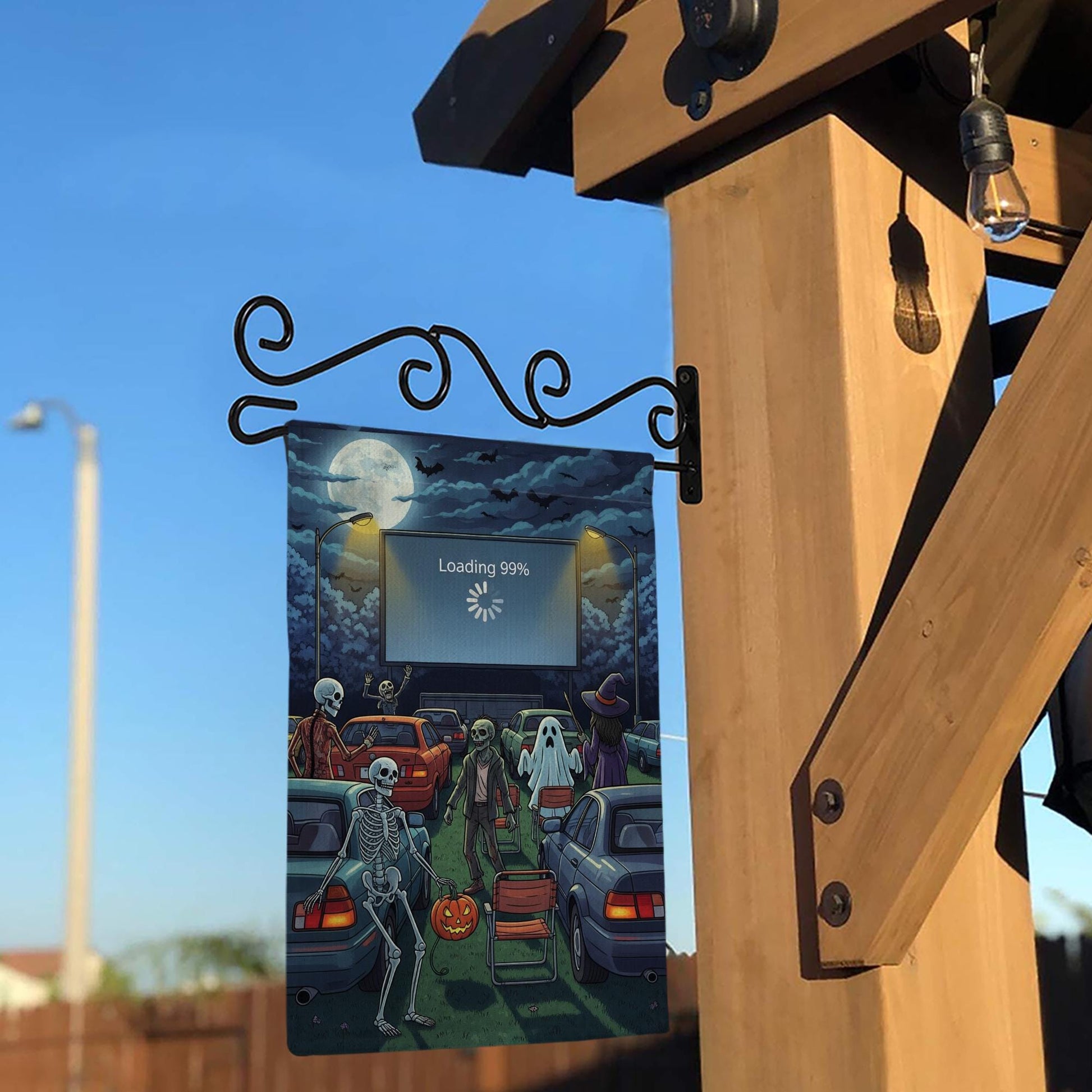 Funny Halloween Drive-In Garden Flag – Skeletons, Ghosts, Zombies & Loading Screen, Spooky Outdoor Yard Decor for Fall