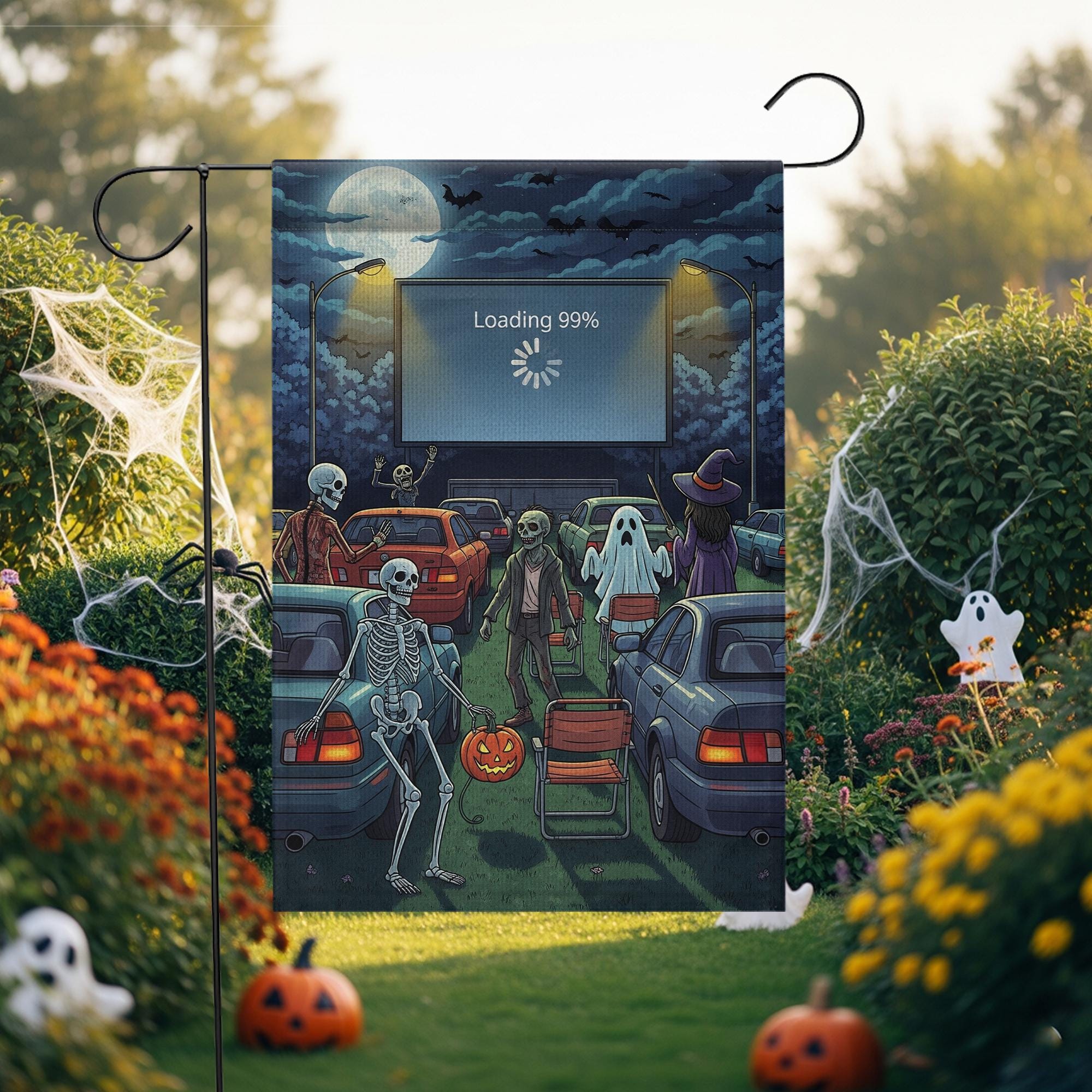 Funny Halloween Drive-In Garden Flag – Skeletons, Ghosts, Zombies & Loading Screen, Spooky Outdoor Yard Decor for Fall