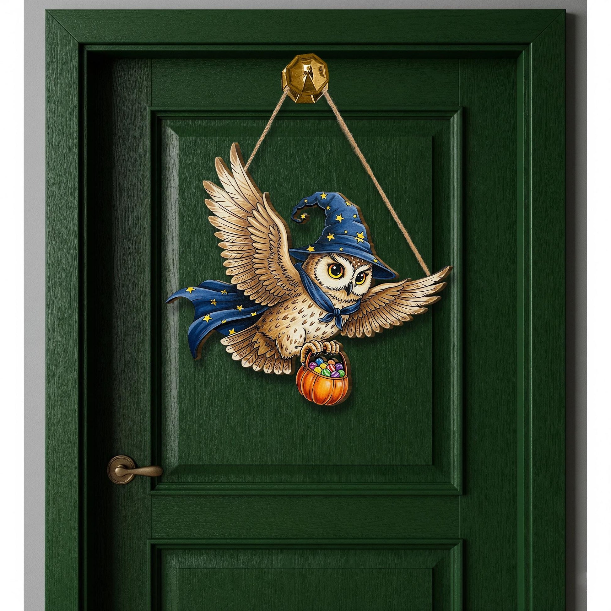 Halloween Owl Wooden Door Sign – Cute Wizard Owl with Candy Bucket Hanging Decor, Fall Witchy Wall Plaque for Front Porch or Entryway