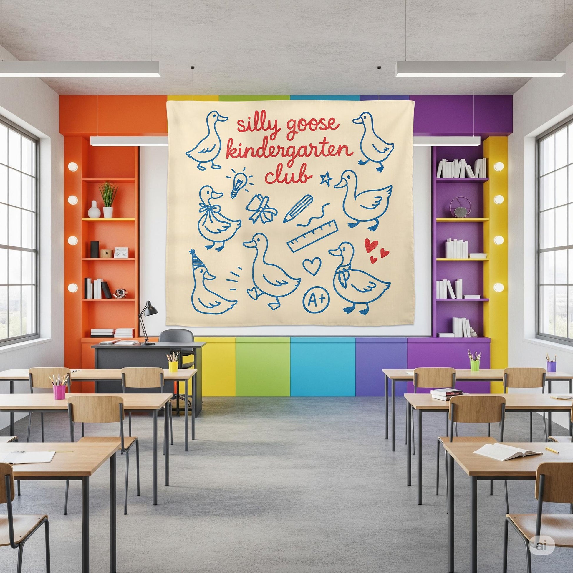 Silly Goose Kindergarten Club Wall Art – Funny Classroom Decor for Teachers, Preschool, Daycare, or Homeschool Room Sign, Goose Tapestry