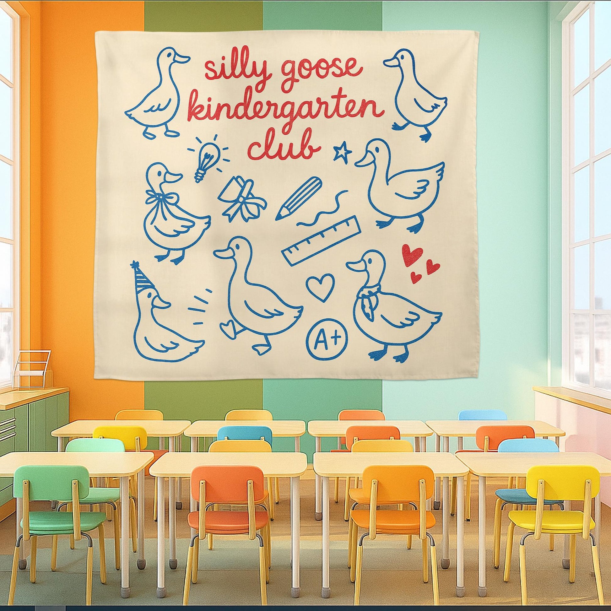 Silly Goose Kindergarten Club Wall Art – Funny Classroom Decor for Teachers, Preschool, Daycare, or Homeschool Room Sign, Goose Tapestry