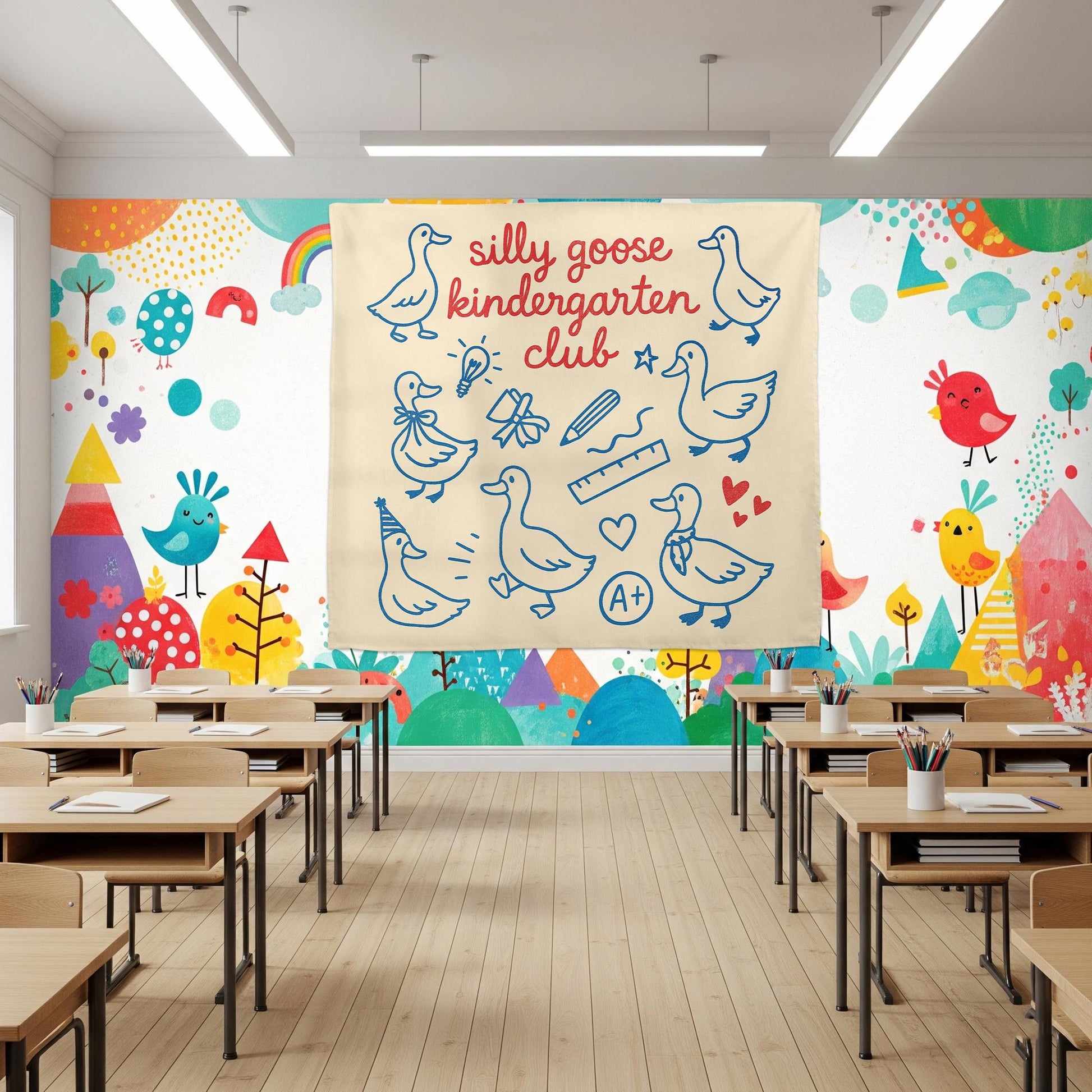 Silly Goose Kindergarten Club Wall Art – Funny Classroom Decor for Teachers, Preschool, Daycare, or Homeschool Room Sign, Goose Tapestry