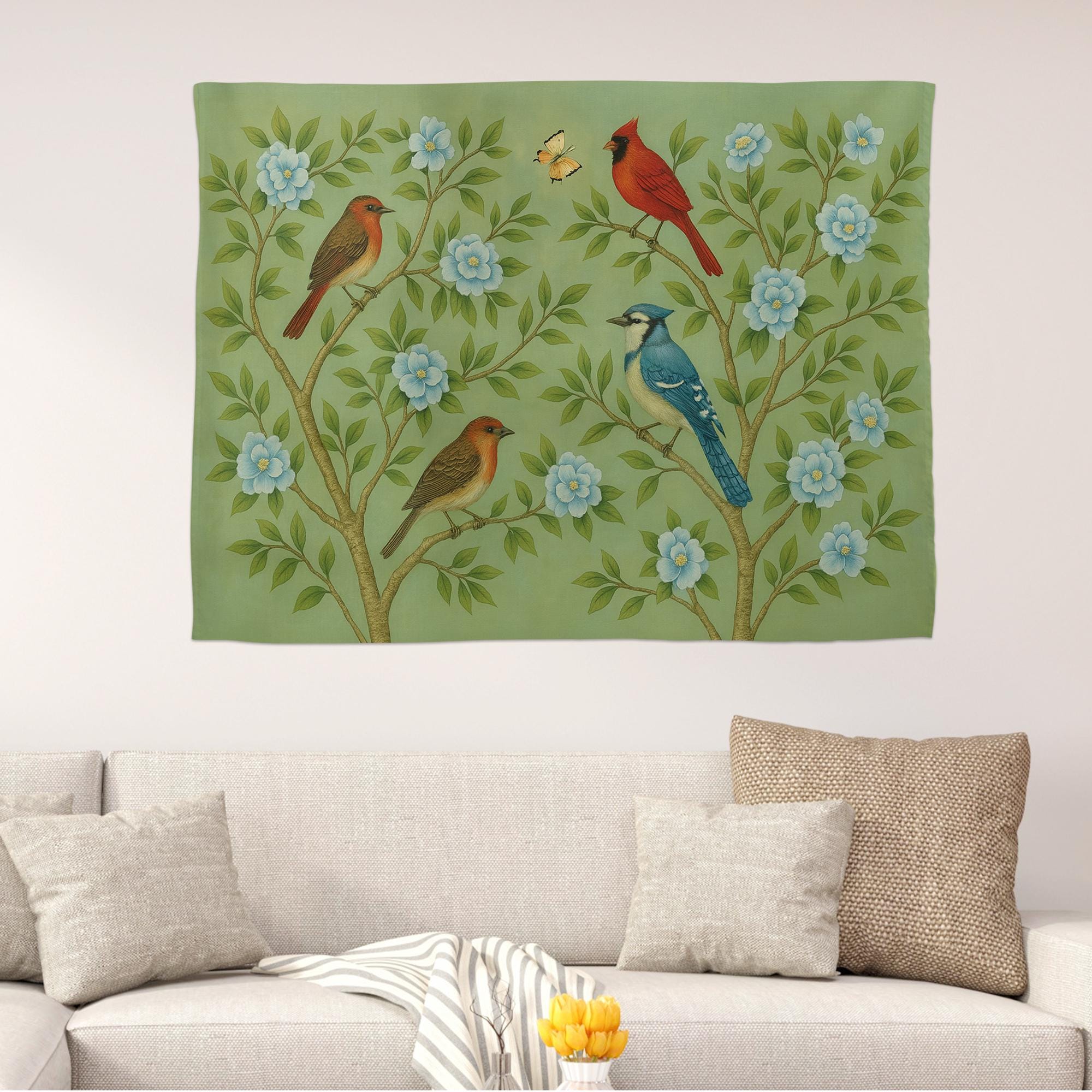 Chinoiserie Bird Wall Tapestry | Botanical Nursery Wall Art | Blue Floral Garden Decor | Vintage Nature Wall Hanging | Cardinal and Blue Jay