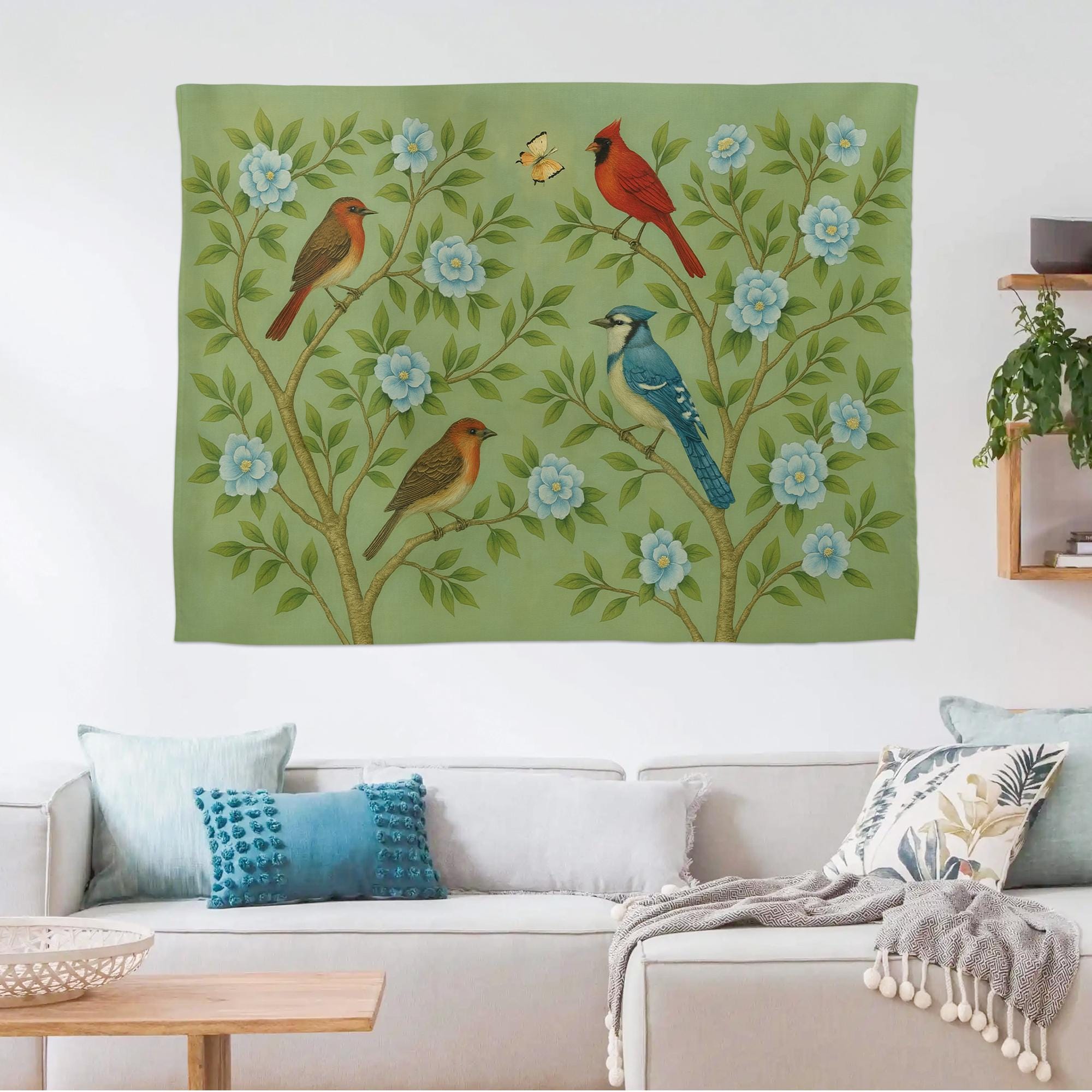 Chinoiserie Bird Wall Tapestry | Botanical Nursery Wall Art | Blue Floral Garden Decor | Vintage Nature Wall Hanging | Cardinal and Blue Jay