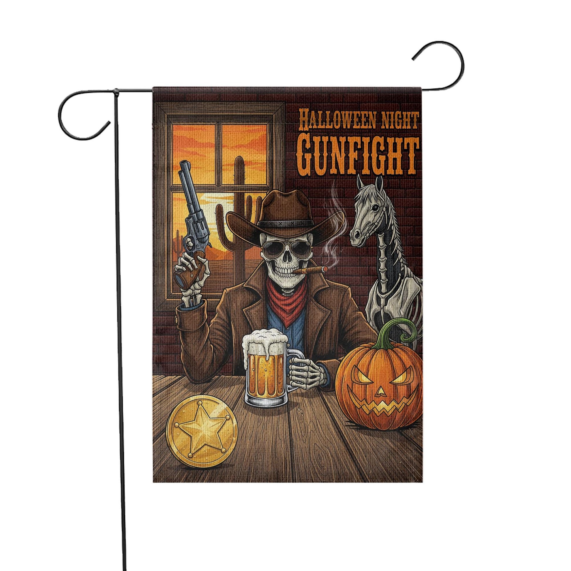 Halloween Skeleton Cowboy Garden Flag - Western Gunfight Beer Decor - Spooky Ghost Horse Yard Sign - Fall Outdoor Porch Decoration