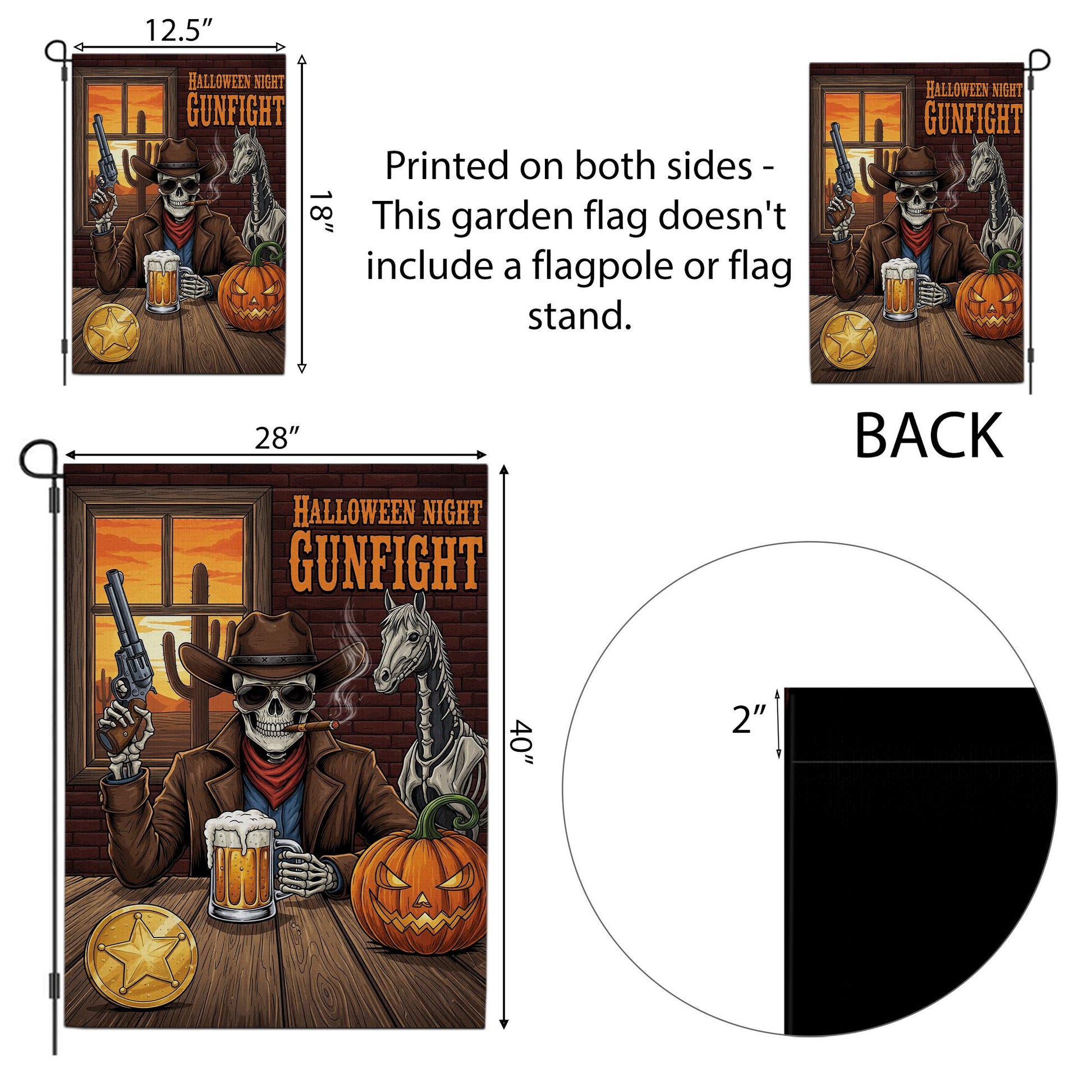 Halloween Skeleton Cowboy Garden Flag - Western Gunfight Beer Decor - Spooky Ghost Horse Yard Sign - Fall Outdoor Porch Decoration