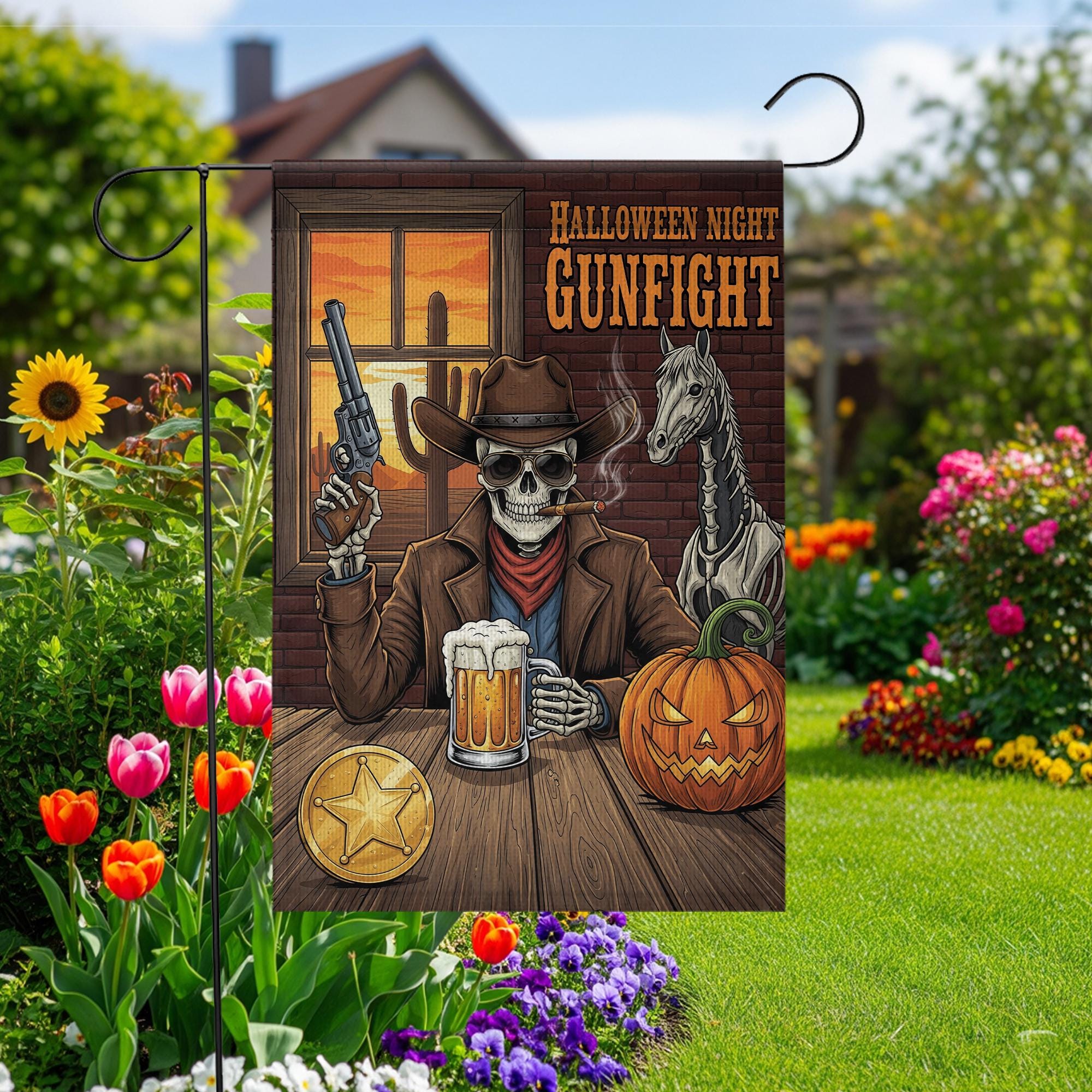 Halloween Skeleton Cowboy Garden Flag - Western Gunfight Beer Decor - Spooky Ghost Horse Yard Sign - Fall Outdoor Porch Decoration