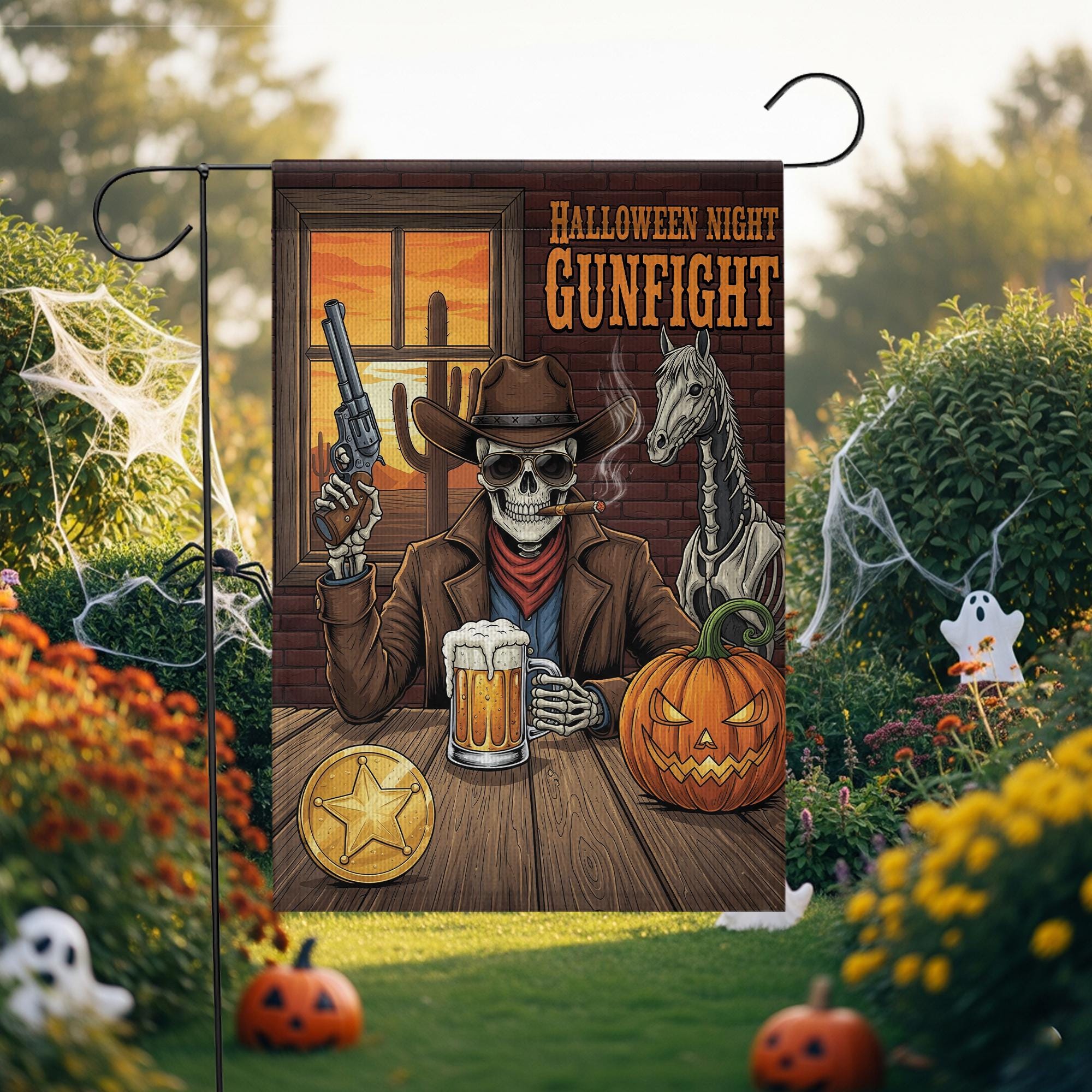 Halloween Skeleton Cowboy Garden Flag - Western Gunfight Beer Decor - Spooky Ghost Horse Yard Sign - Fall Outdoor Porch Decoration