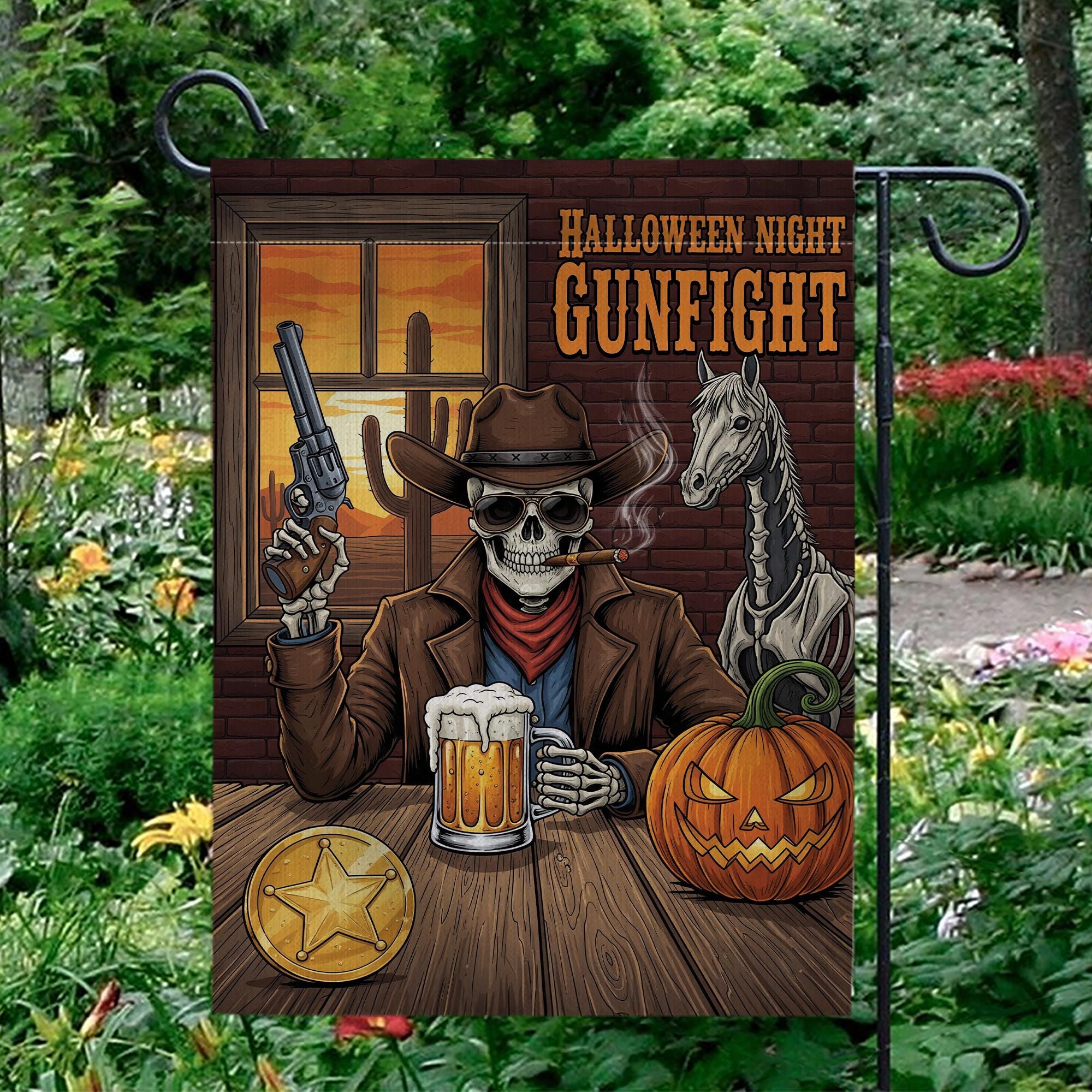 Halloween Skeleton Cowboy Garden Flag - Western Gunfight Beer Decor - Spooky Ghost Horse Yard Sign - Fall Outdoor Porch Decoration