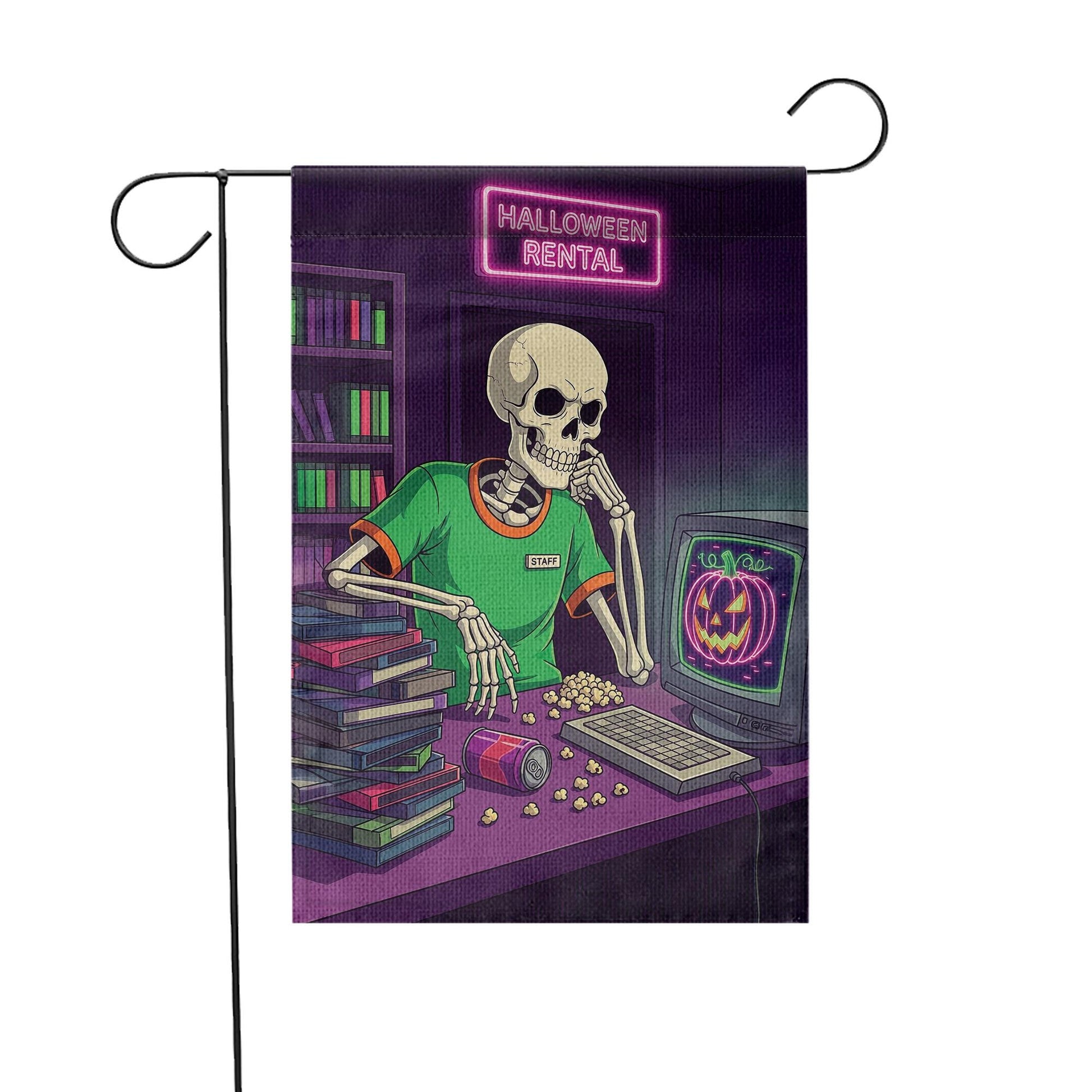 Retro Halloween Garden Flag - Skeleton Video Rental Store Decor - Spooky Movie Night Yard Sign - 80s 90s VHS Fall Decoration