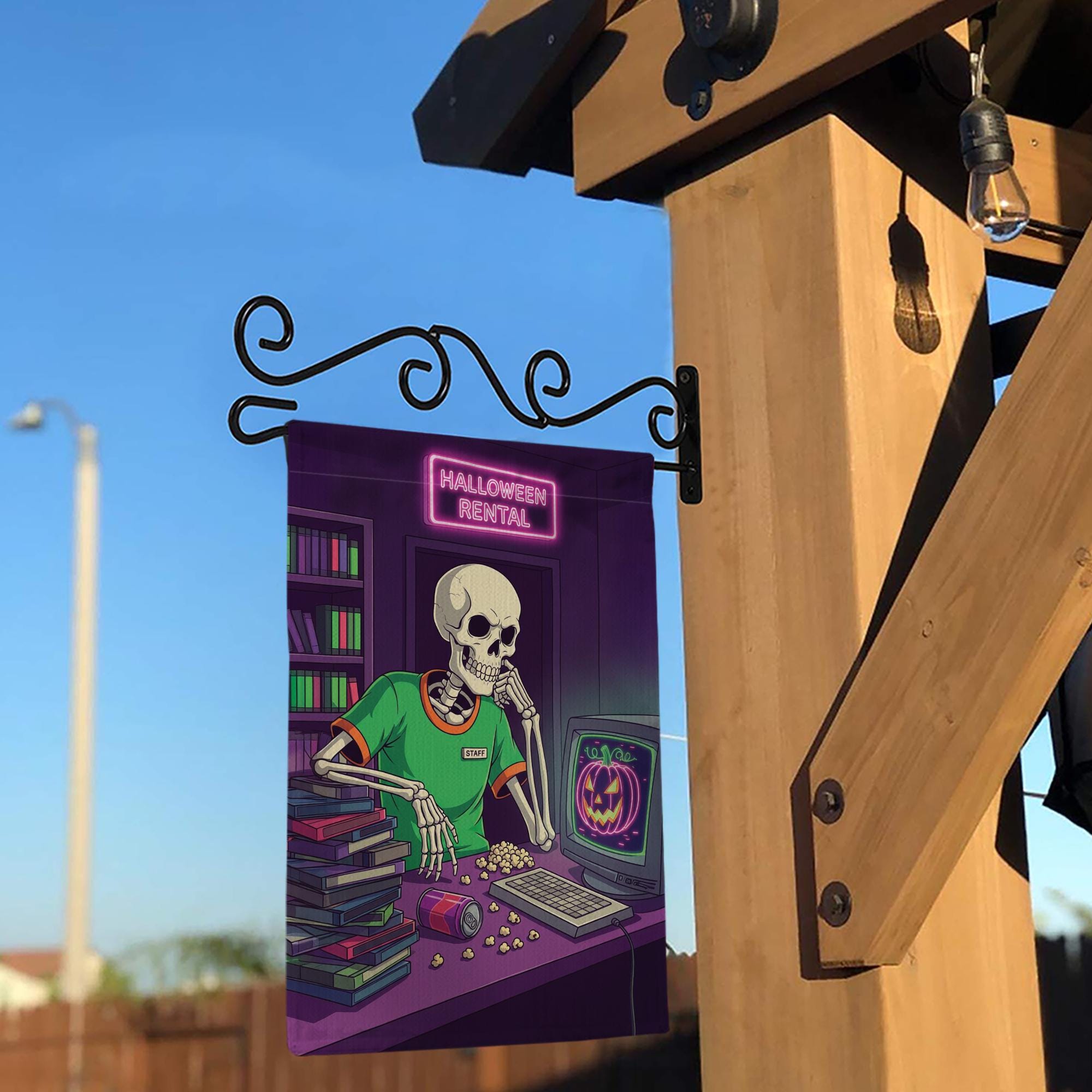 Retro Halloween Garden Flag - Skeleton Video Rental Store Decor - Spooky Movie Night Yard Sign - 80s 90s VHS Fall Decoration