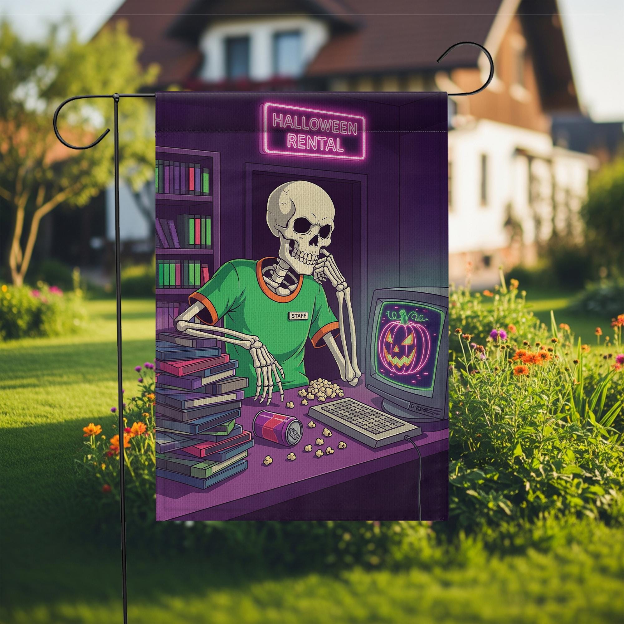Retro Halloween Garden Flag - Skeleton Video Rental Store Decor - Spooky Movie Night Yard Sign - 80s 90s VHS Fall Decoration
