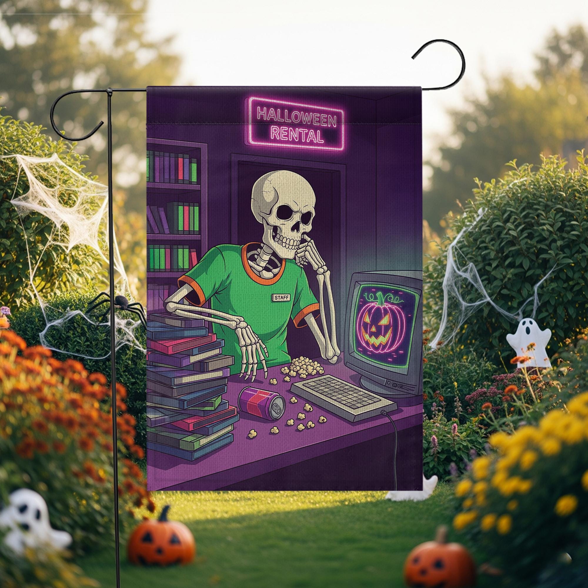 Retro Halloween Garden Flag - Skeleton Video Rental Store Decor - Spooky Movie Night Yard Sign - 80s 90s VHS Fall Decoration