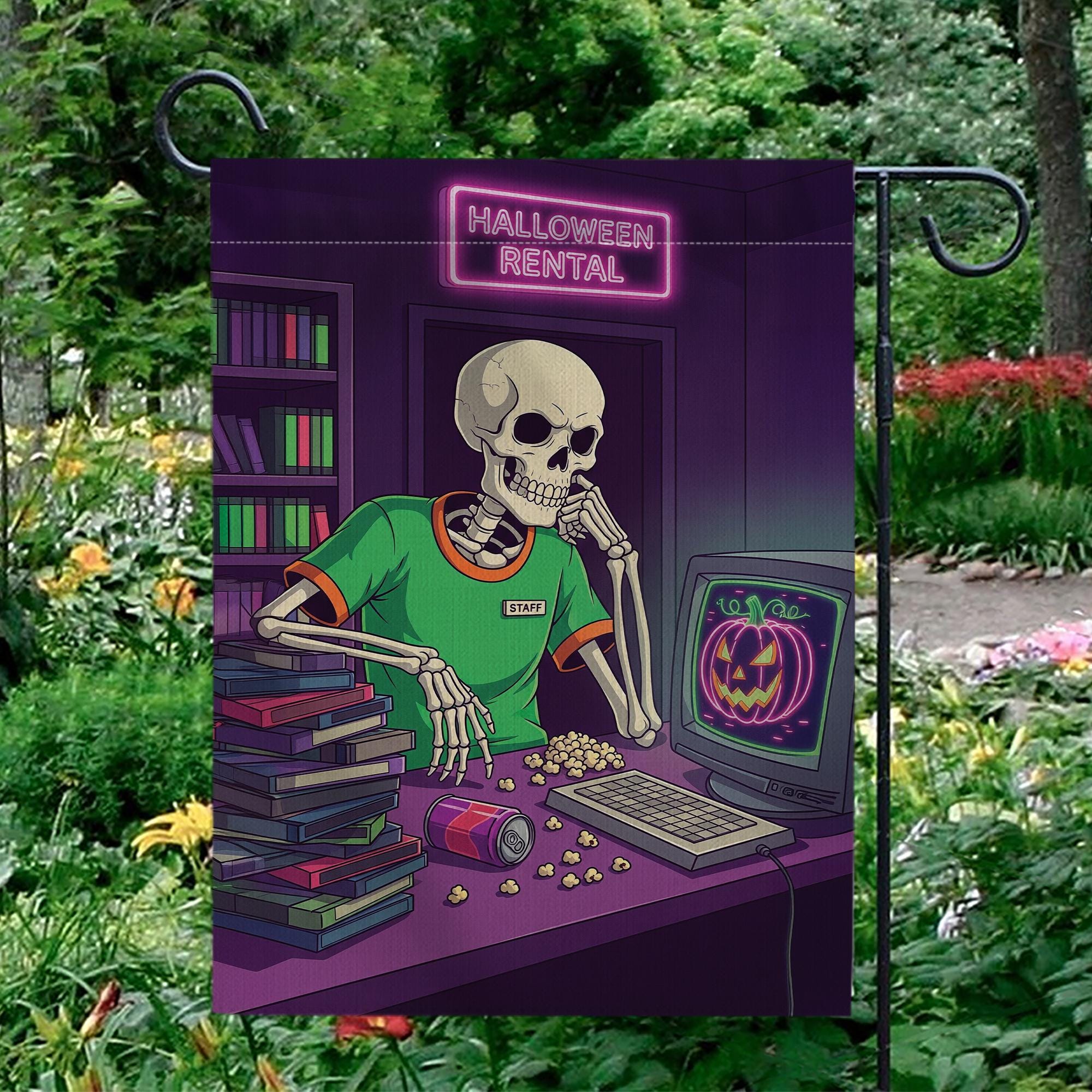 Retro Halloween Garden Flag - Skeleton Video Rental Store Decor - Spooky Movie Night Yard Sign - 80s 90s VHS Fall Decoration