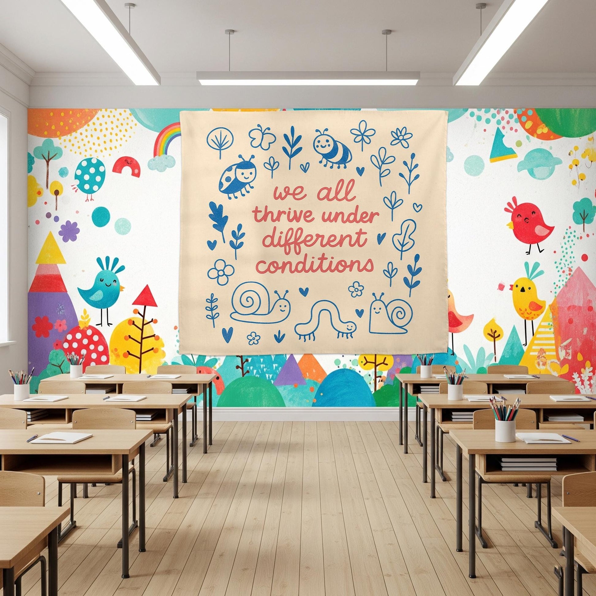 We All Thrive Under Different Conditions Tapestry Wall Art – Inclusive Classroom Decor, Growth Mindset Poster for Preschool or Daycare Room