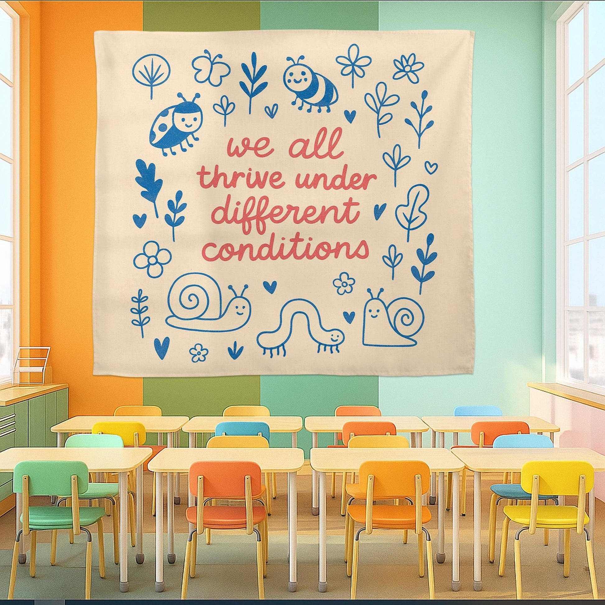We All Thrive Under Different Conditions Tapestry Wall Art – Inclusive Classroom Decor, Growth Mindset Poster for Preschool or Daycare Room
