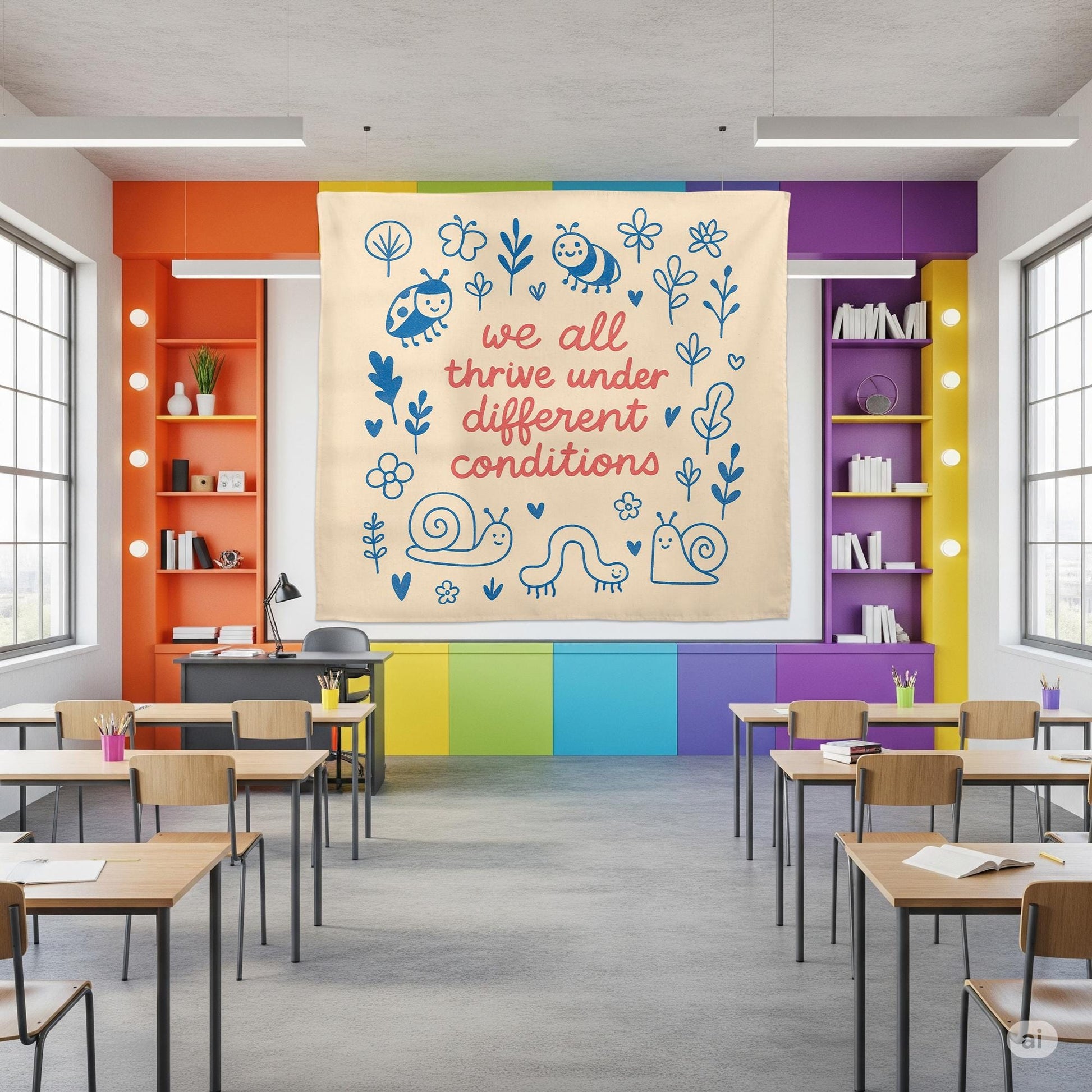 We All Thrive Under Different Conditions Tapestry Wall Art – Inclusive Classroom Decor, Growth Mindset Poster for Preschool or Daycare Room