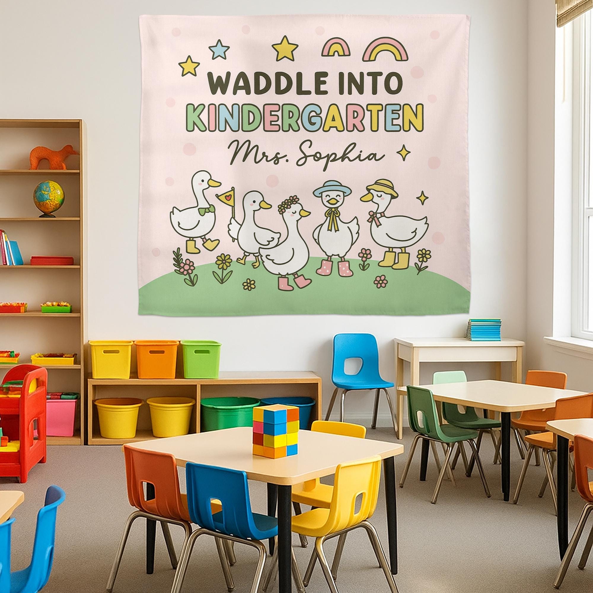 Waddle Into Kindergarten Tapestry – Personalized Goose Classroom Wall Art for Teachers, Cute Back to School Decor for Preschool or Daycare