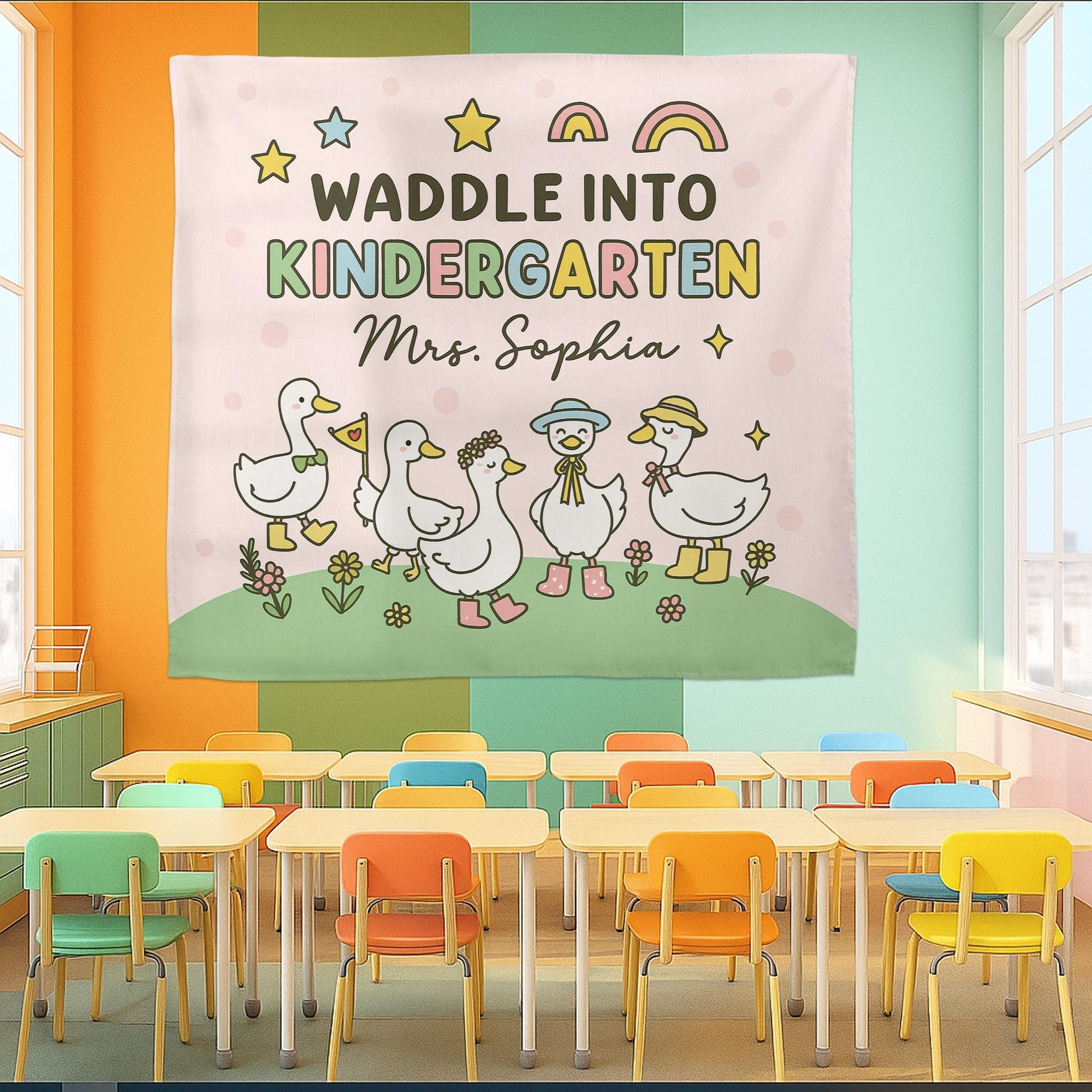 Waddle Into Kindergarten Tapestry – Personalized Goose Classroom Wall Art for Teachers, Cute Back to School Decor for Preschool or Daycare