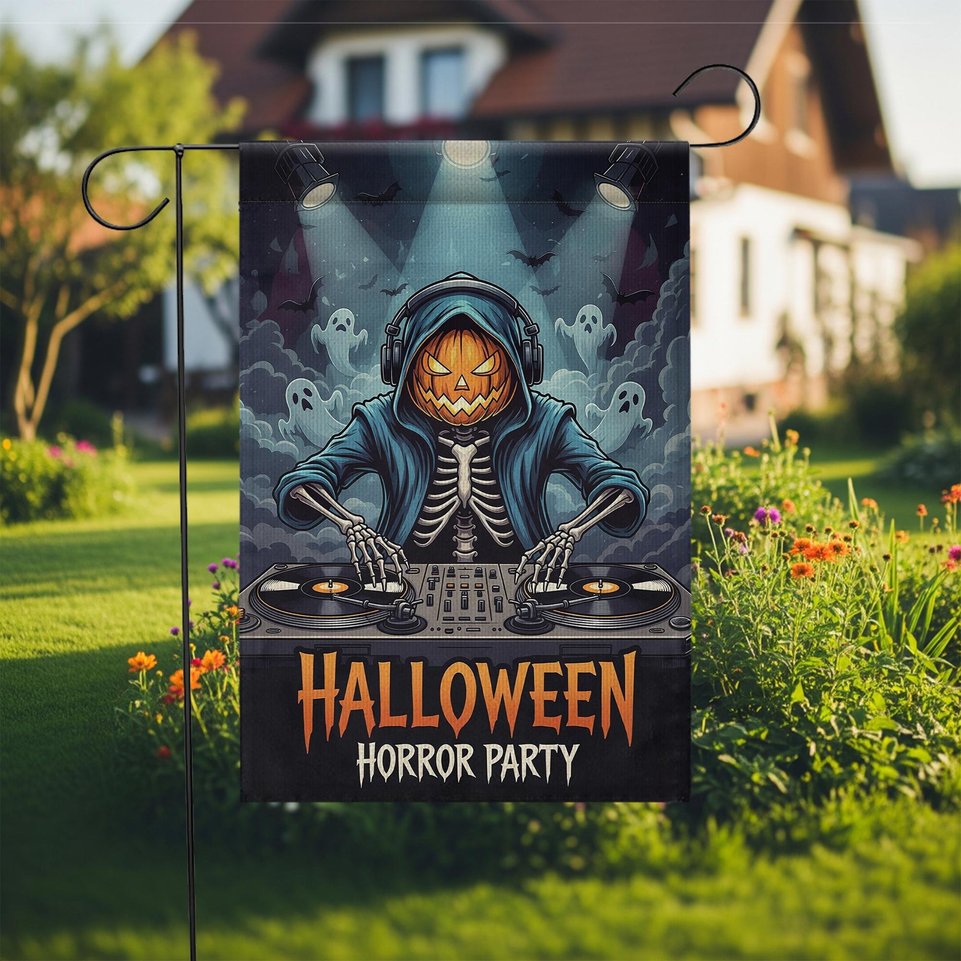 Halloween DJ Skeleton Garden Flag - Pumpkin Head Horror Party Yard Decor - Spooky Music Outdoor Decoration - Ghost DJ Fall Flag