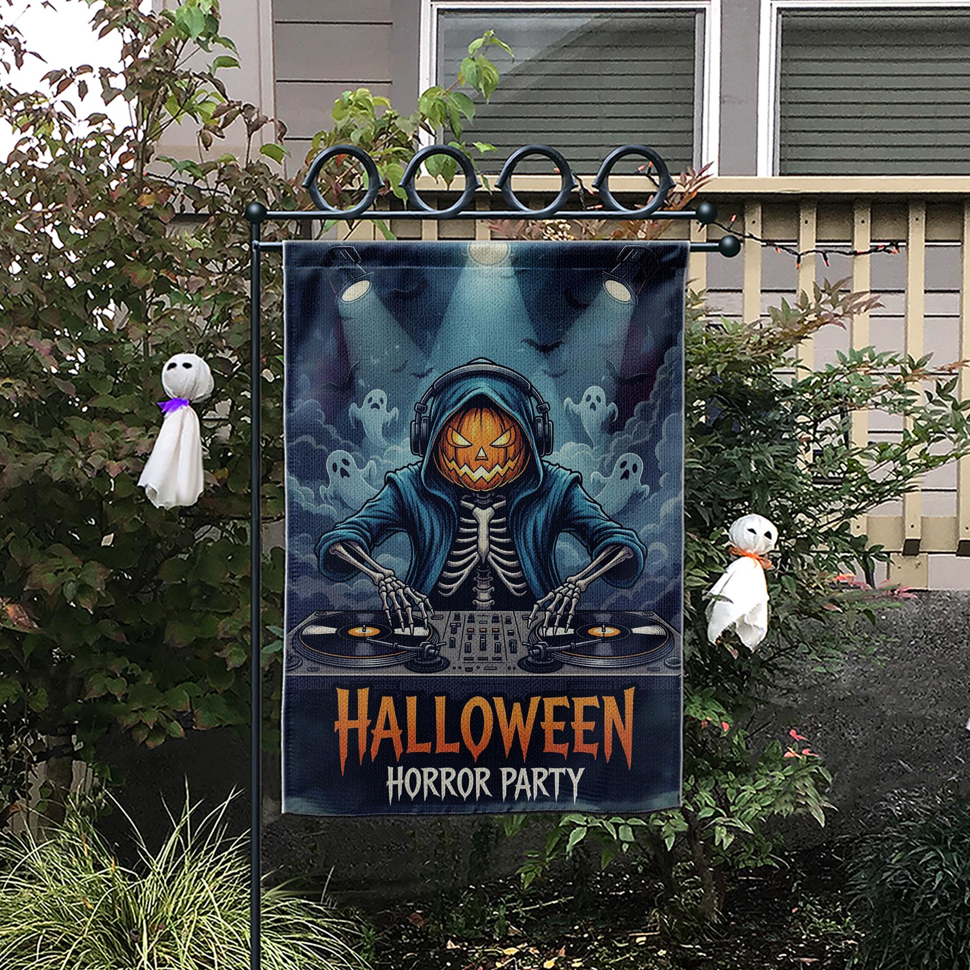 Halloween DJ Skeleton Garden Flag - Pumpkin Head Horror Party Yard Decor - Spooky Music Outdoor Decoration - Ghost DJ Fall Flag