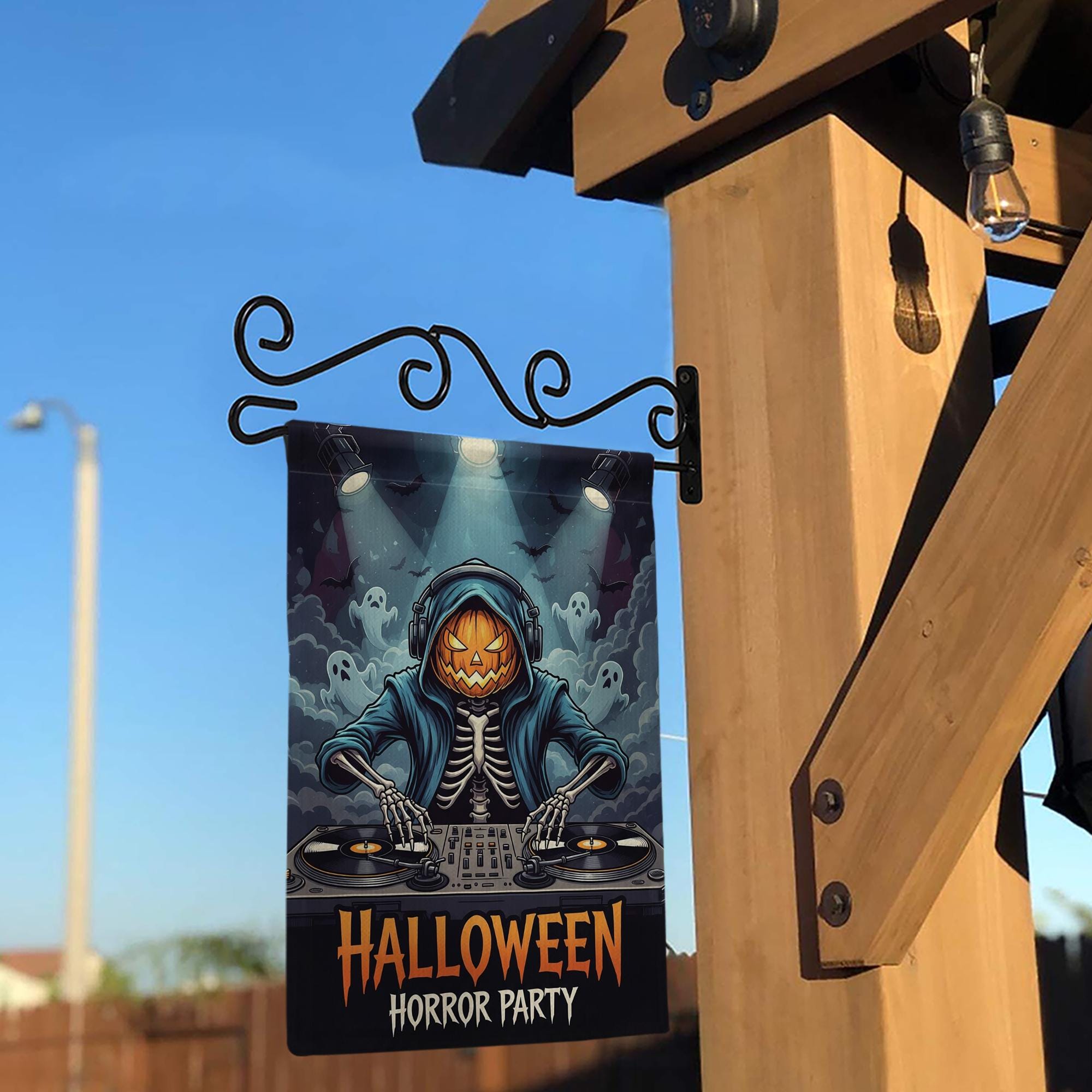 Halloween DJ Skeleton Garden Flag - Pumpkin Head Horror Party Yard Decor - Spooky Music Outdoor Decoration - Ghost DJ Fall Flag