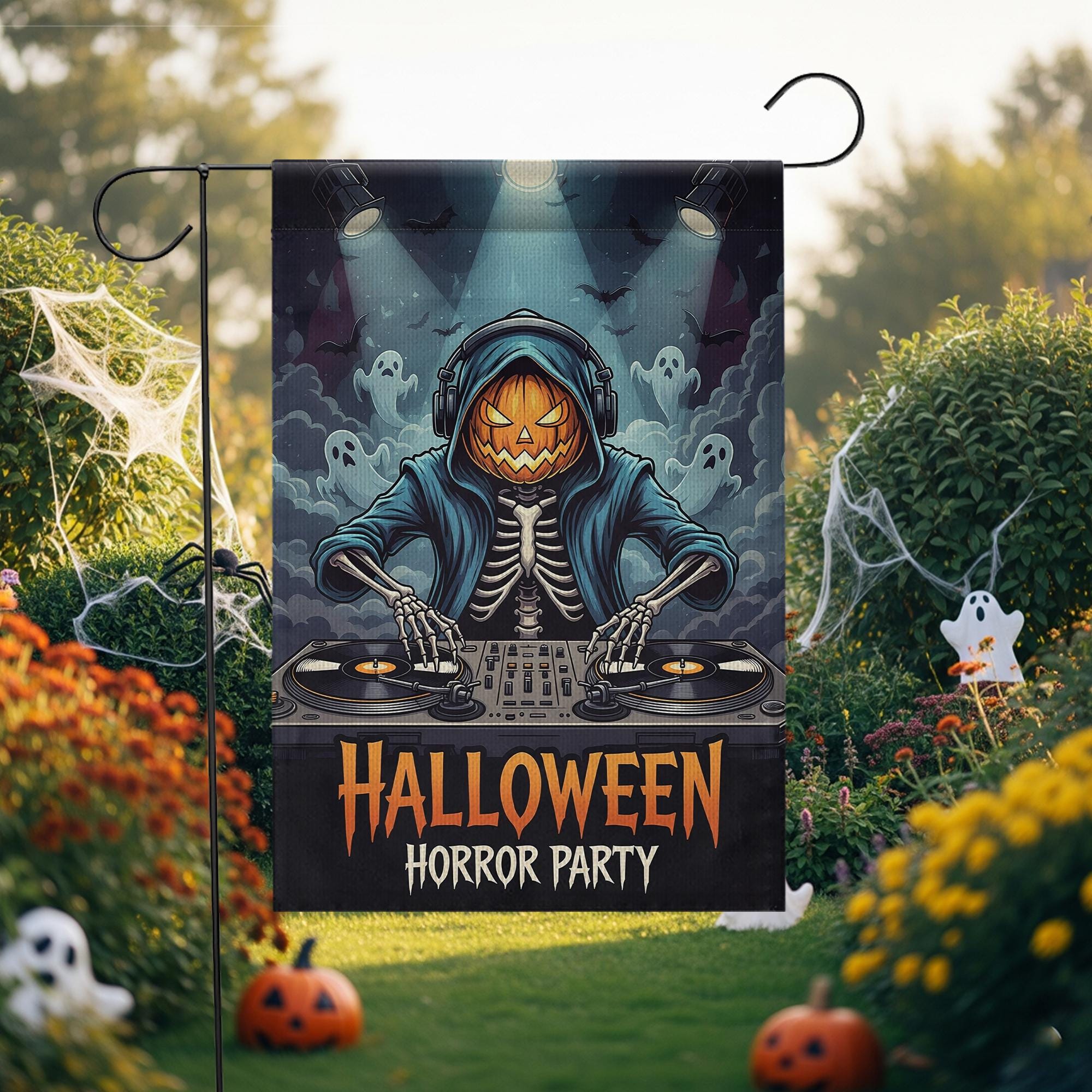 Halloween DJ Skeleton Garden Flag - Pumpkin Head Horror Party Yard Decor - Spooky Music Outdoor Decoration - Ghost DJ Fall Flag