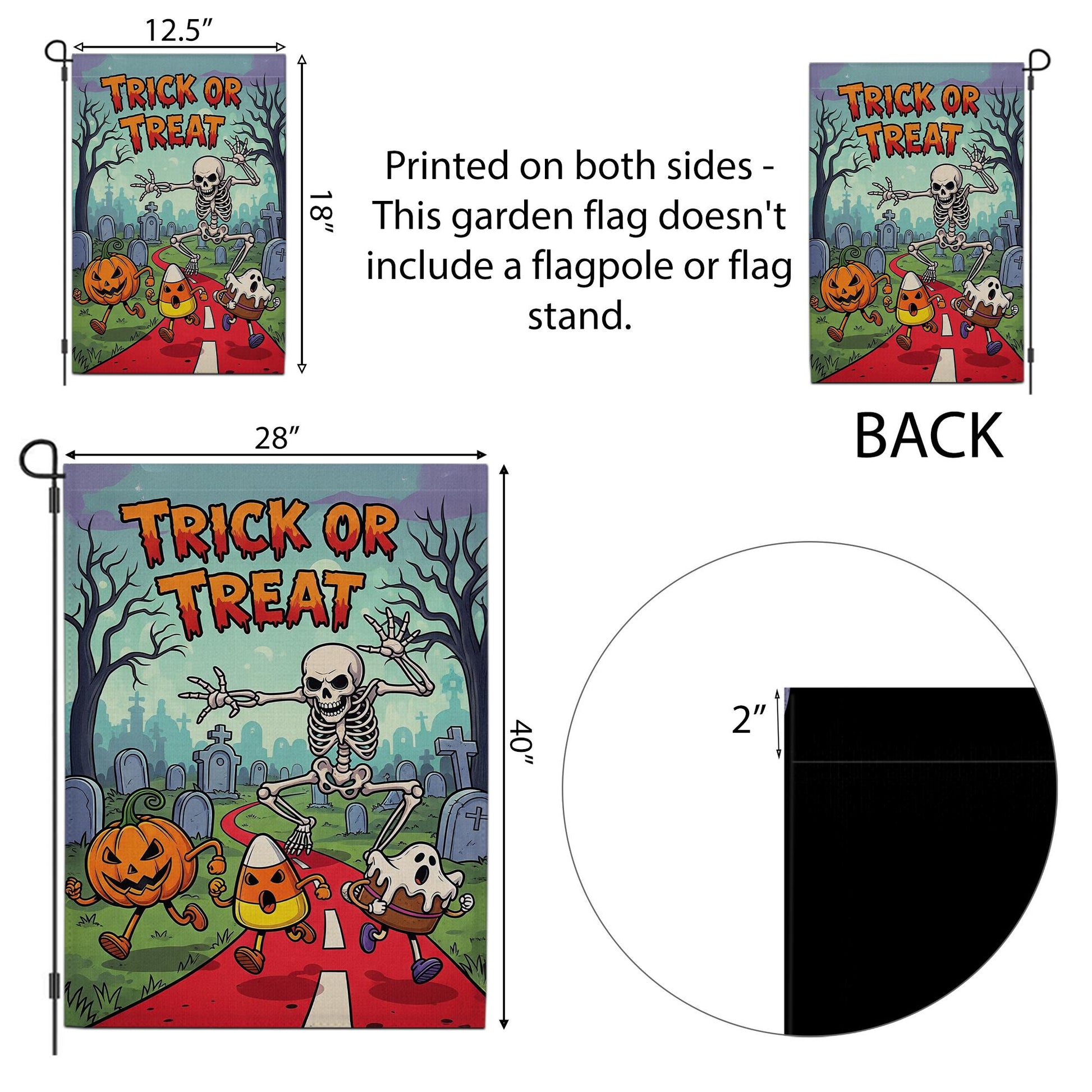 Trick or Treat Halloween Garden Flag - Cute Skeleton Ghost Candy Corn Yard Decor - Fun Spooky Outdoor Fall Decoration