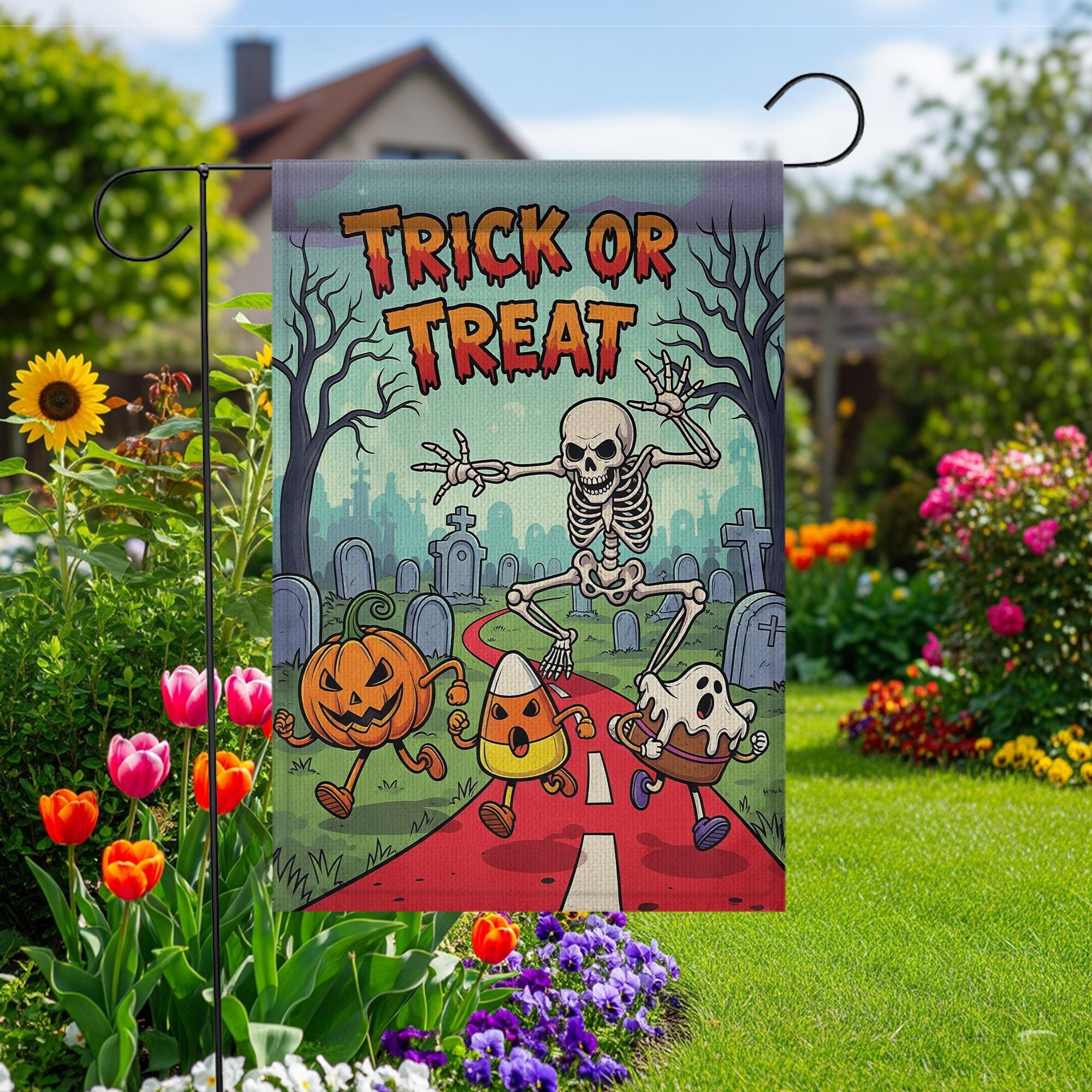 Trick or Treat Halloween Garden Flag - Cute Skeleton Ghost Candy Corn Yard Decor - Fun Spooky Outdoor Fall Decoration