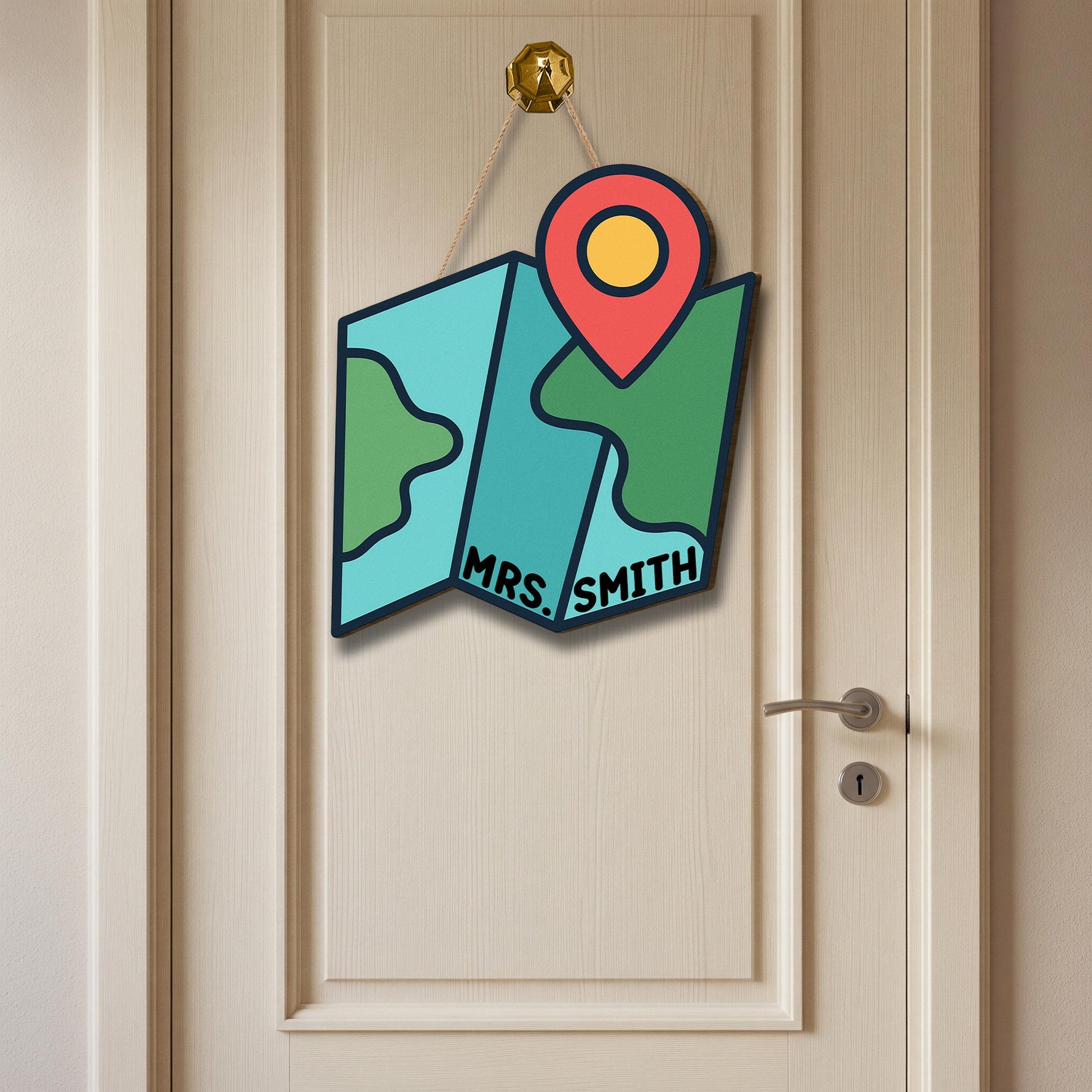 Personalized Map Classroom Door Sign – Custom Teacher Name Sign with Location Pin, Back to School Decor for Preschool or Elementary