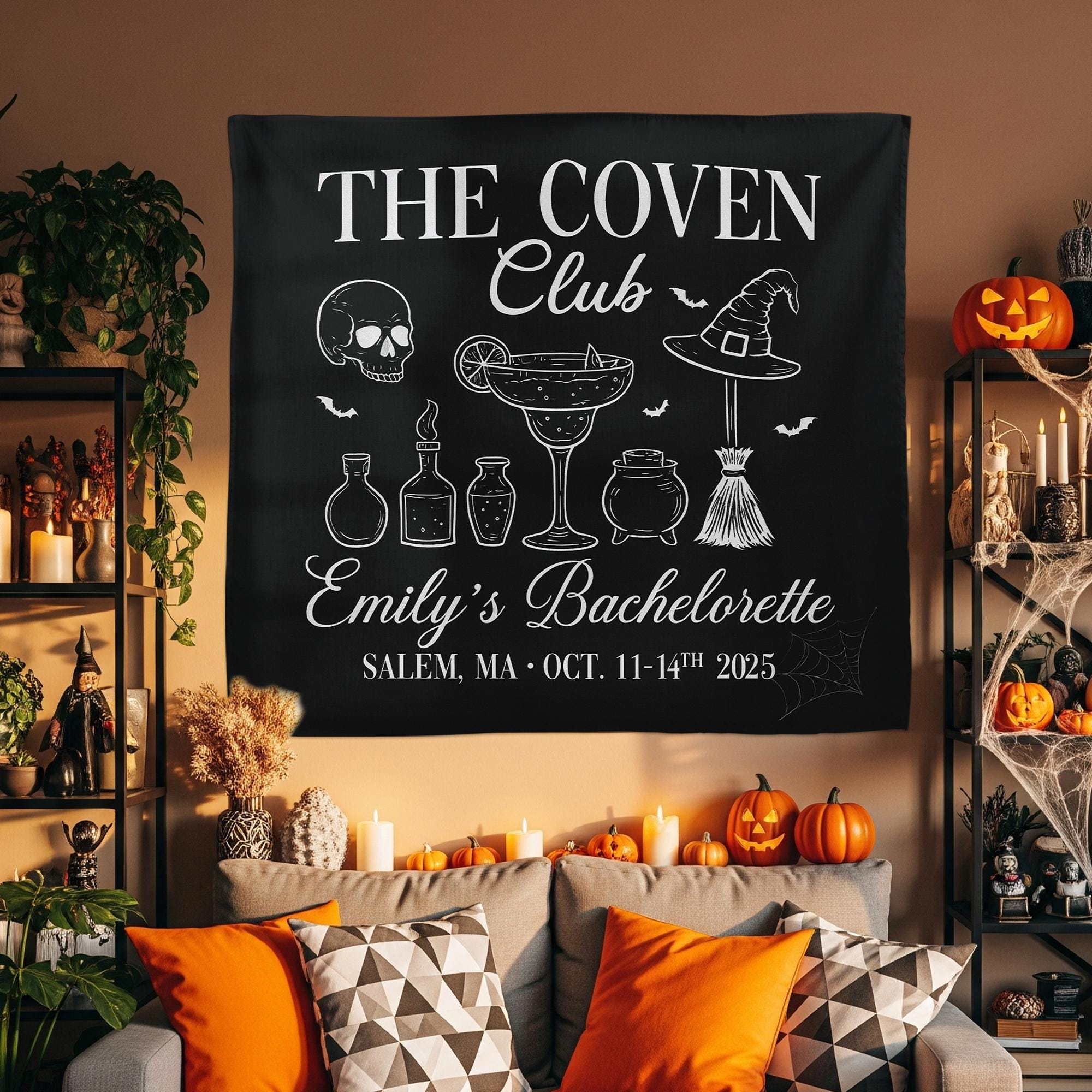 Coven Club Bachelorette Banner – Witch Themed Party Decor, Custom Halloween Bach Backdrop, Salem Bachelorette Weekend Sign, Spooky Tapestry