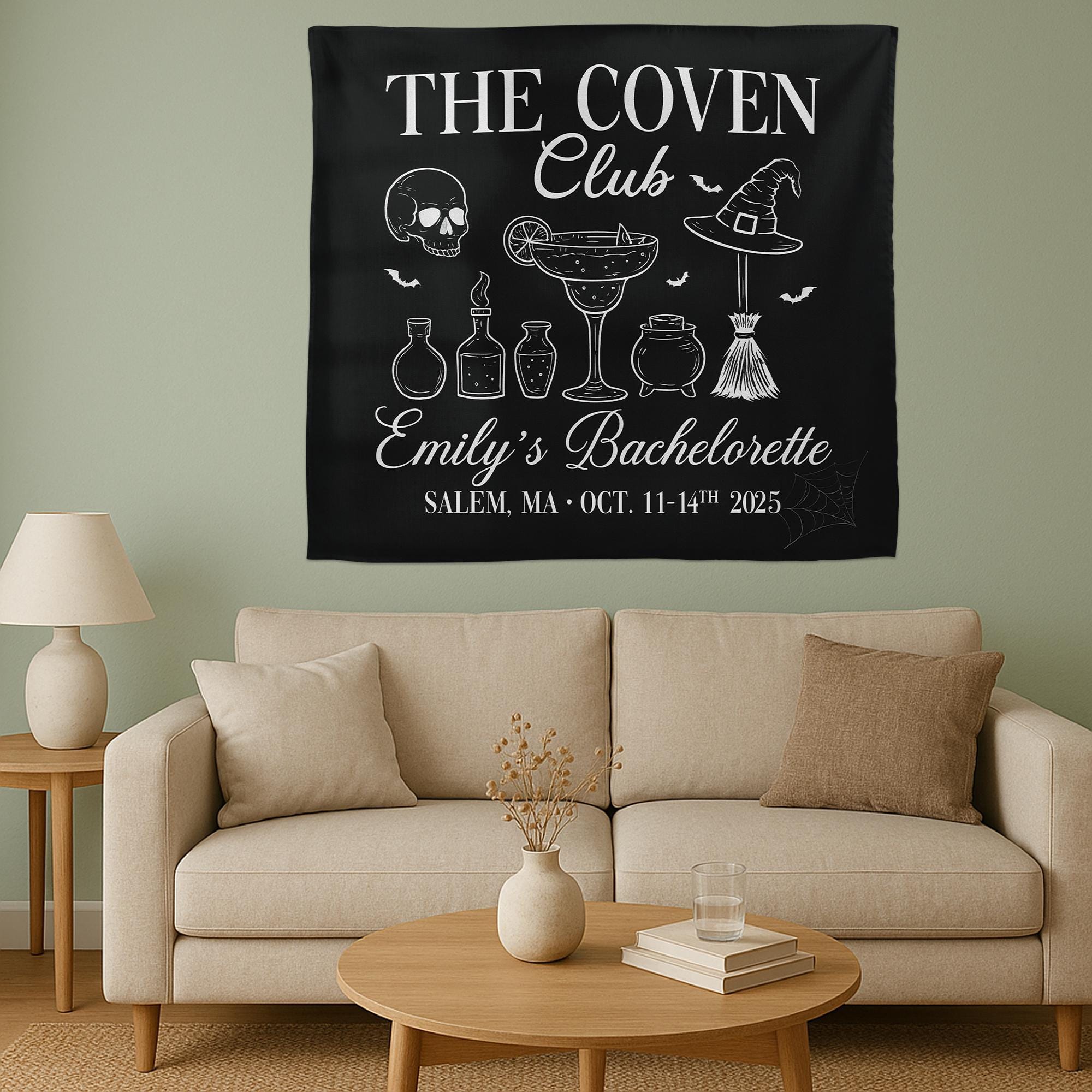 Coven Club Bachelorette Banner – Witch Themed Party Decor, Custom Halloween Bach Backdrop, Salem Bachelorette Weekend Sign, Spooky Tapestry