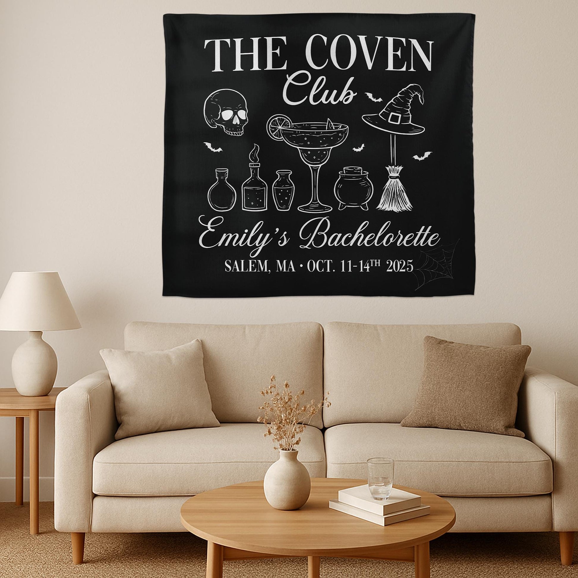 Coven Club Bachelorette Banner – Witch Themed Party Decor, Custom Halloween Bach Backdrop, Salem Bachelorette Weekend Sign, Spooky Tapestry