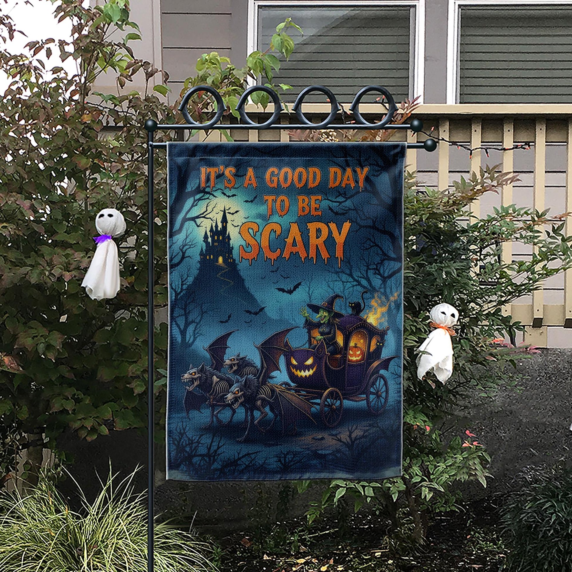 Scary Halloween Garden Flag - Haunted Carriage Pumpkin Decor - Spooky Skeleton Horse Yard Sign - Gothic Fall Outdoor Decoration