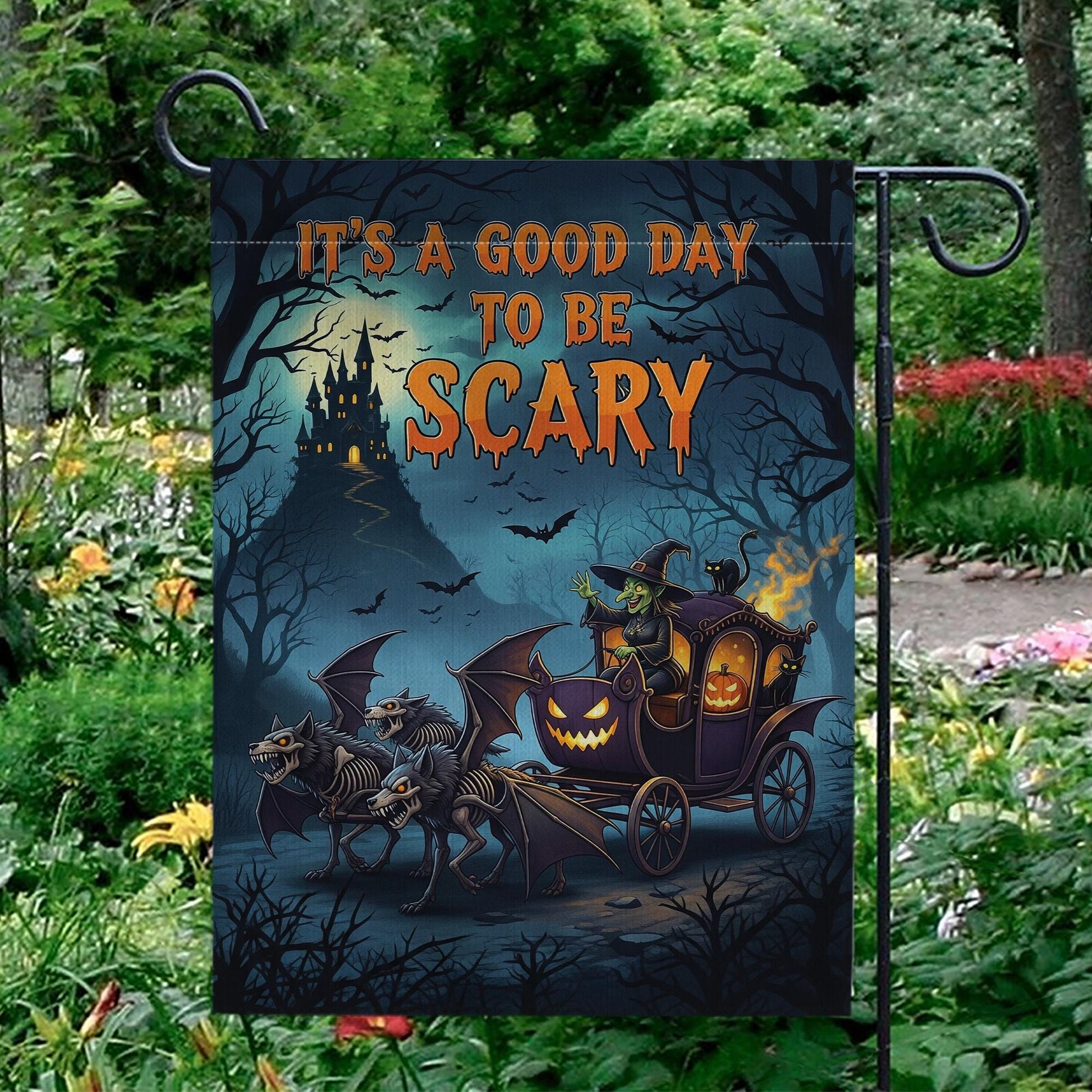 Scary Halloween Garden Flag - Haunted Carriage Pumpkin Decor - Spooky Skeleton Horse Yard Sign - Gothic Fall Outdoor Decoration