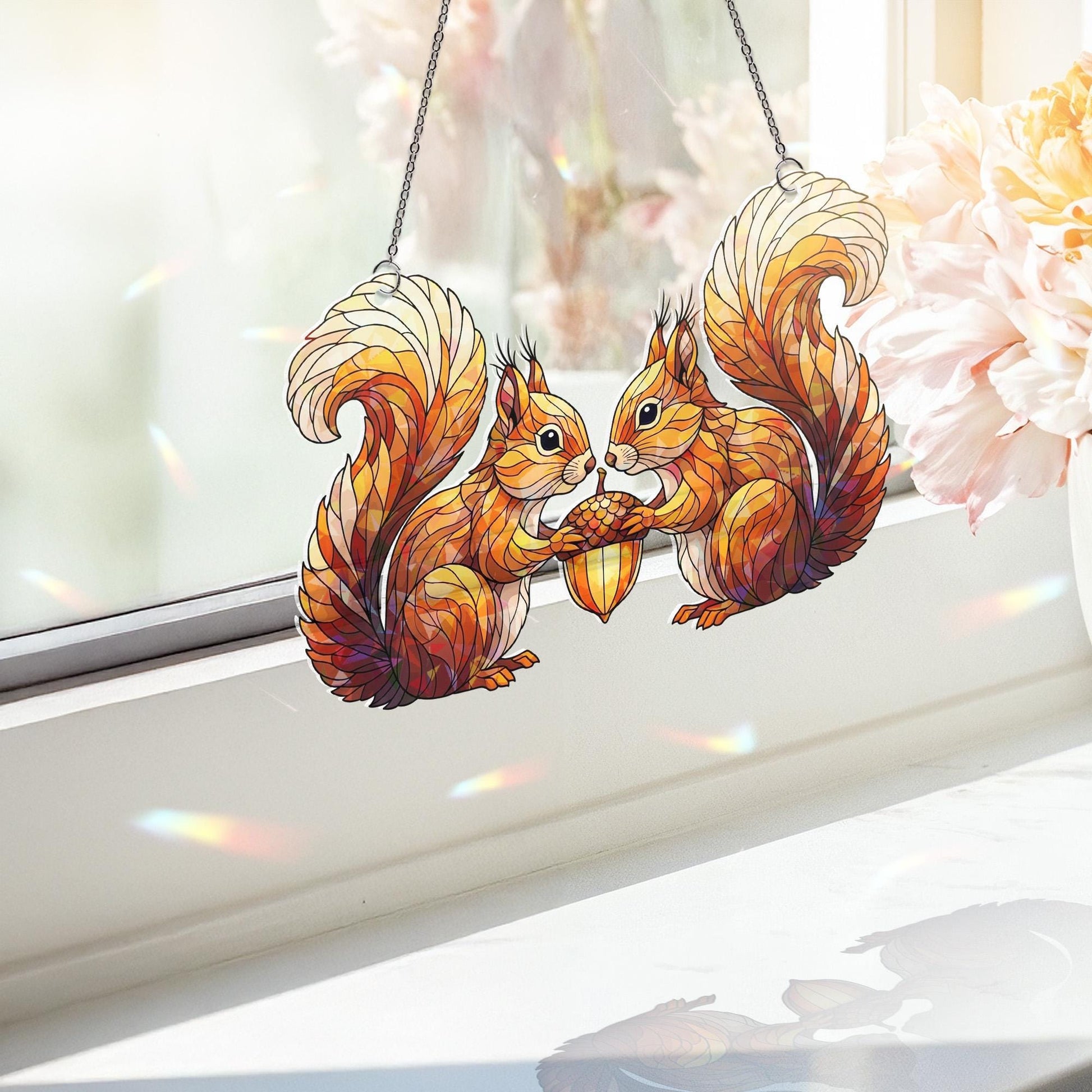 Stained Glass Squirrel Suncatcher – Fall Window Hanging Decor – Autumn Acorn Couple Gift – Woodland Animal Sun Catcher Ornament