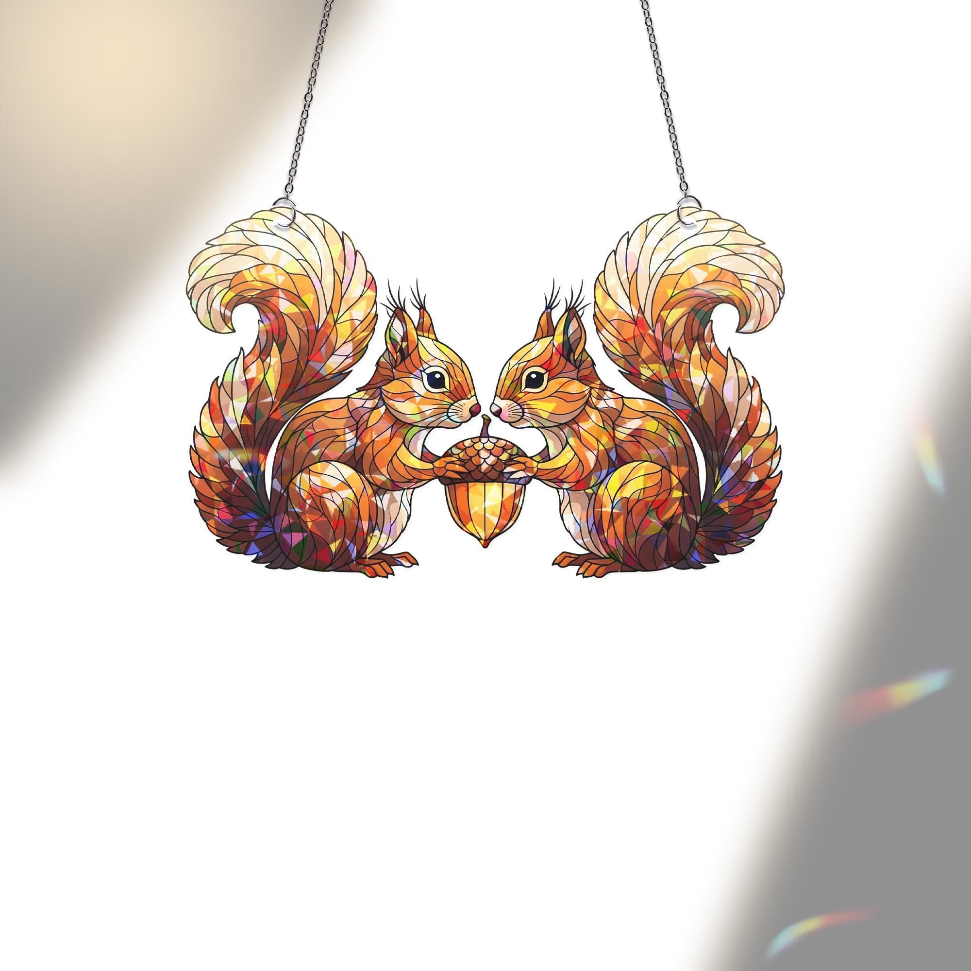 Stained Glass Squirrel Suncatcher – Fall Window Hanging Decor – Autumn Acorn Couple Gift – Woodland Animal Sun Catcher Ornament