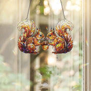 Stained Glass Squirrel Suncatcher – Fall Window Hanging Decor – Autumn Acorn Couple Gift – Woodland Animal Sun Catcher Ornament