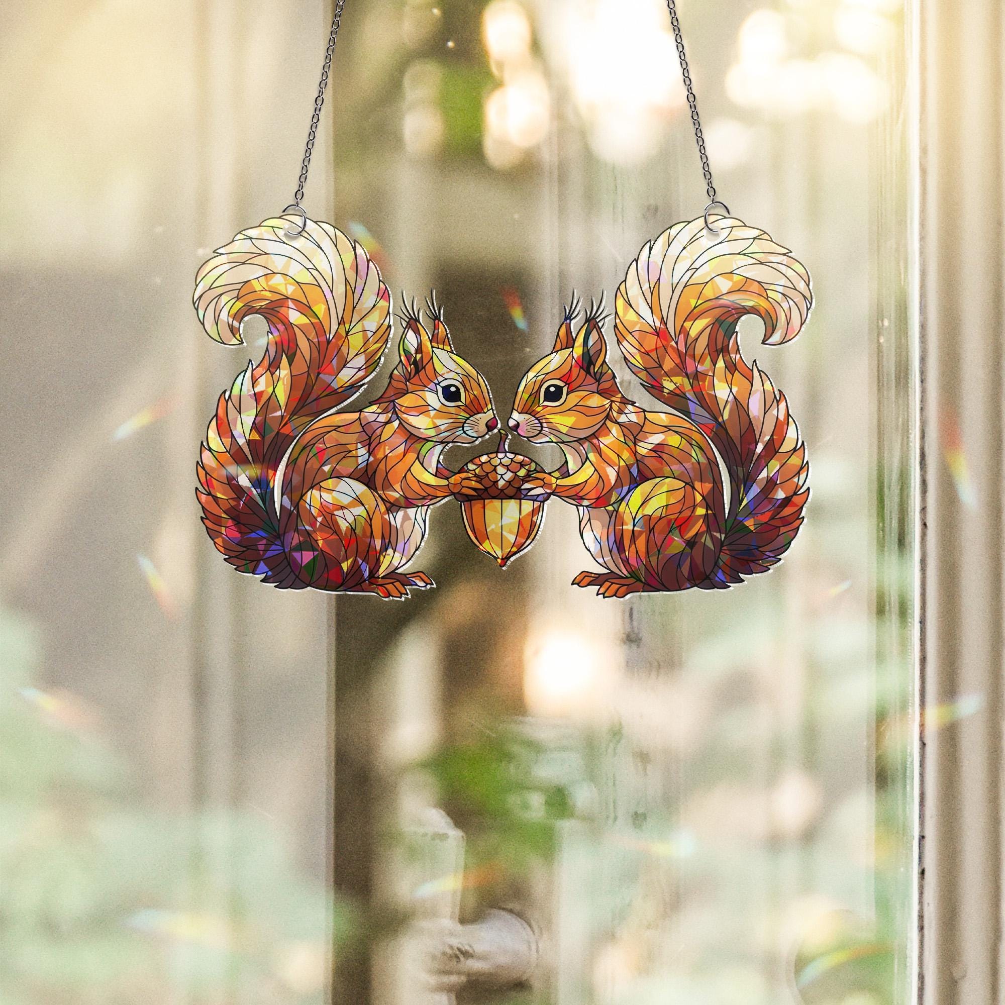 Stained Glass Squirrel Suncatcher – Fall Window Hanging Decor – Autumn Acorn Couple Gift – Woodland Animal Sun Catcher Ornament