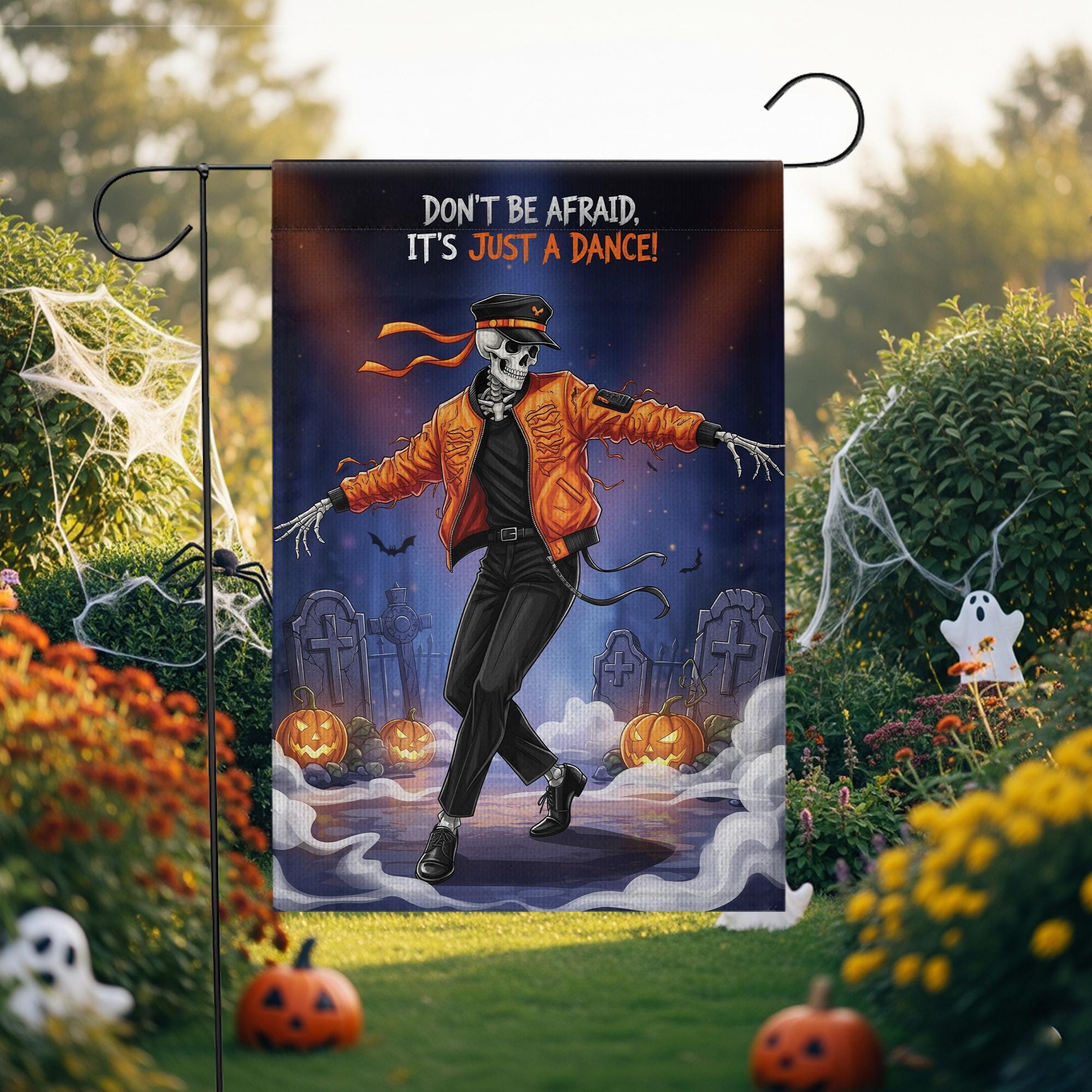 Dancing Skeleton Halloween Garden Flag - Funny Thriller Graveyard Yard Decor - Spooky Cute Outdoor Fall Decoration