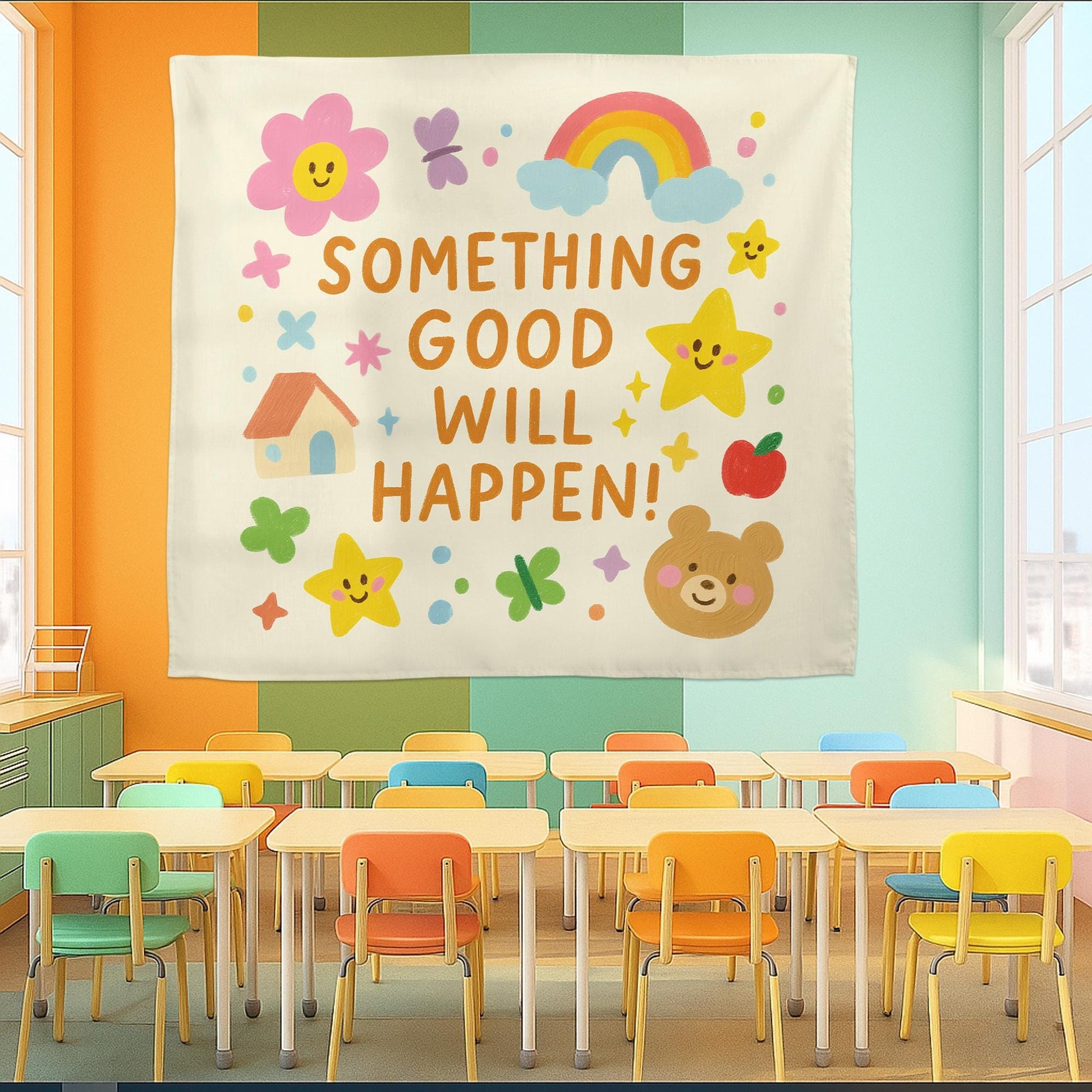 Something Good Will Happen Tapestry Wall Art – Cute Positive Classroom Banner for Kids, Preschool, Daycare, or Teacher Back to School Decor