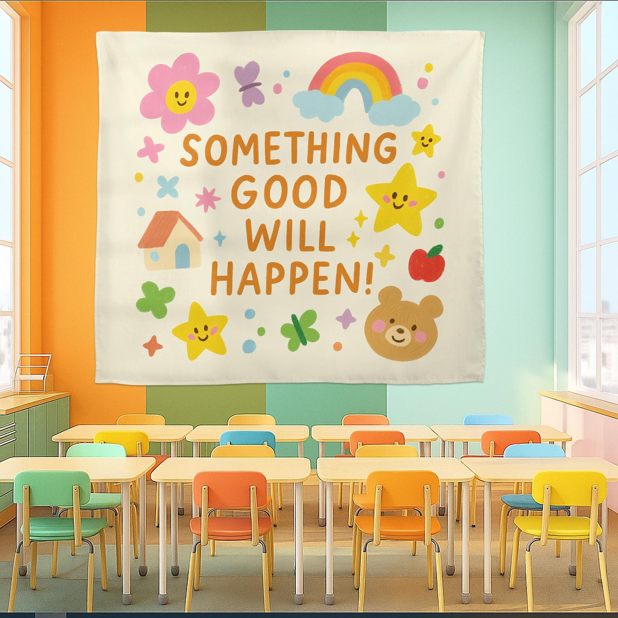 Something Good Will Happen Tapestry Wall Art – Cute Positive Classroom Banner for Kids, Preschool, Daycare, or Teacher Back to School Decor