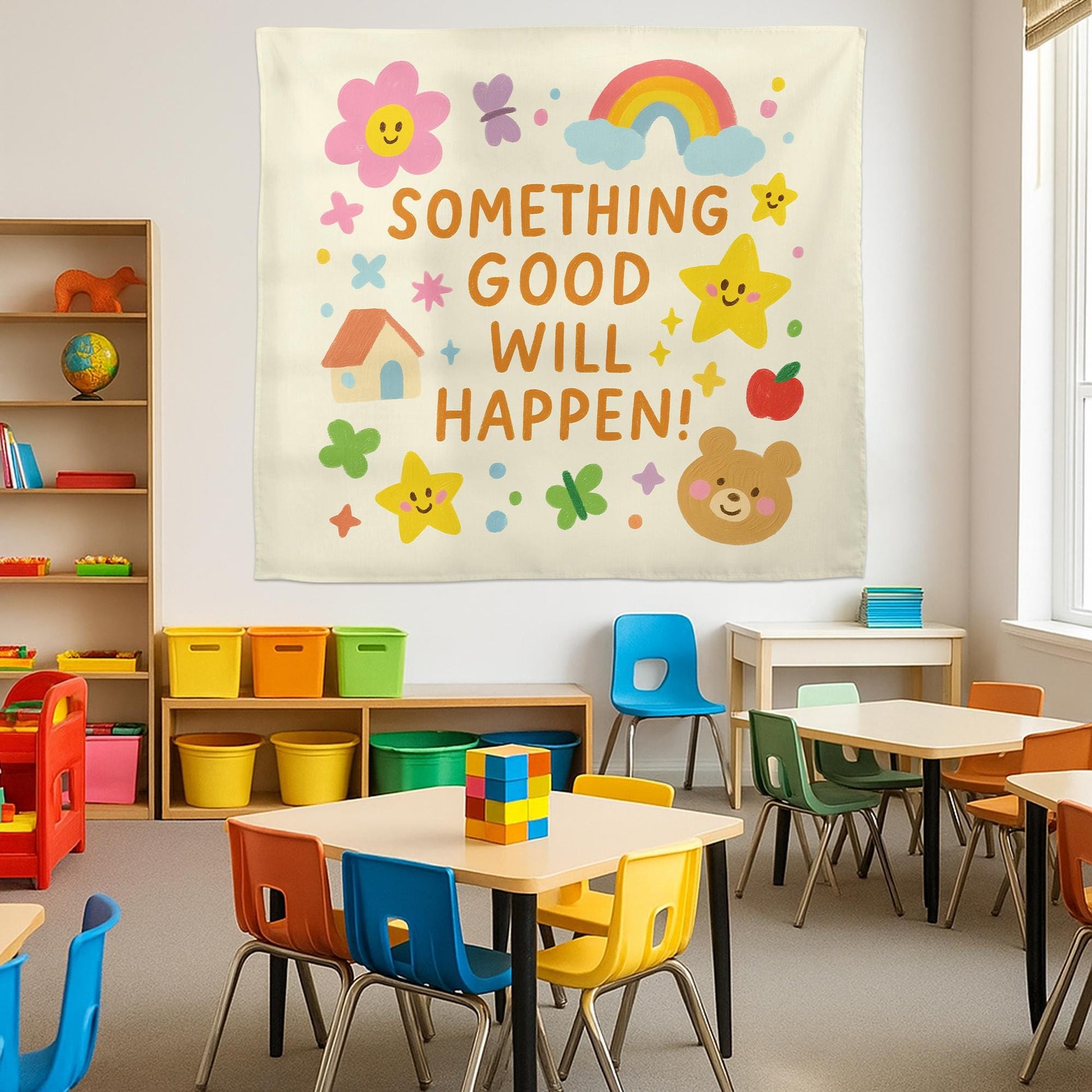 Something Good Will Happen Tapestry Wall Art – Cute Positive Classroom Banner for Kids, Preschool, Daycare, or Teacher Back to School Decor