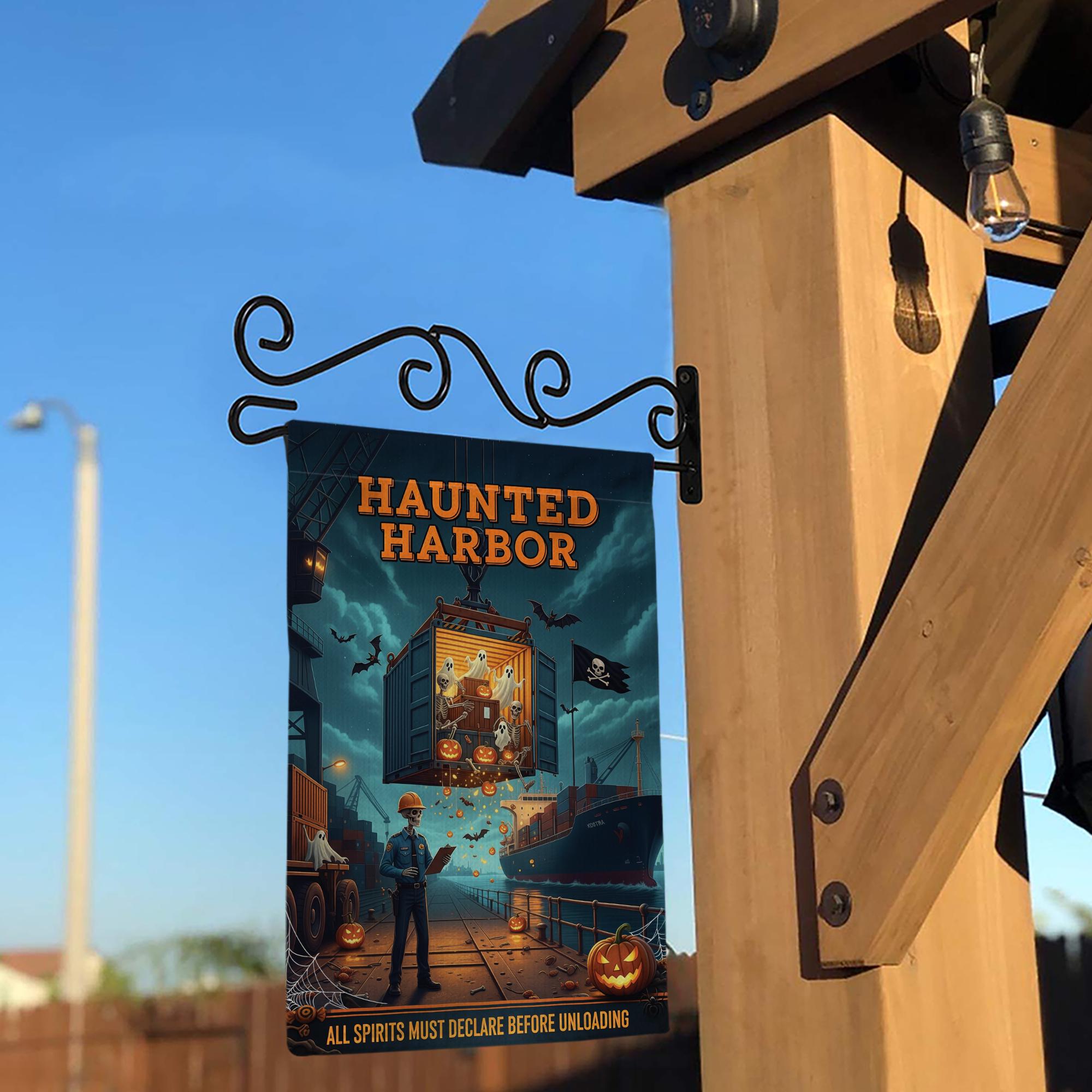 Haunted Harbor Halloween Garden Flag – Funny Ghost Port Yard Decor – Shipping Dock Halloween Sign – Spooky Nautical Fall Flag