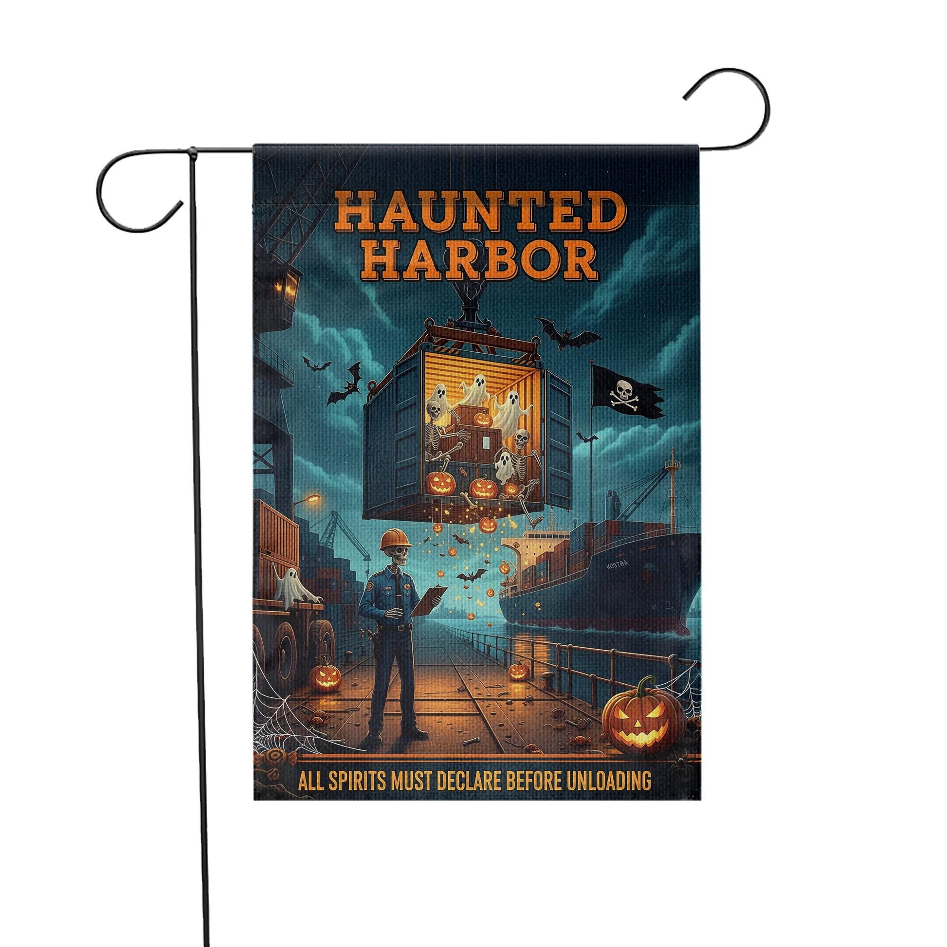 Haunted Harbor Halloween Garden Flag – Funny Ghost Port Yard Decor – Shipping Dock Halloween Sign – Spooky Nautical Fall Flag