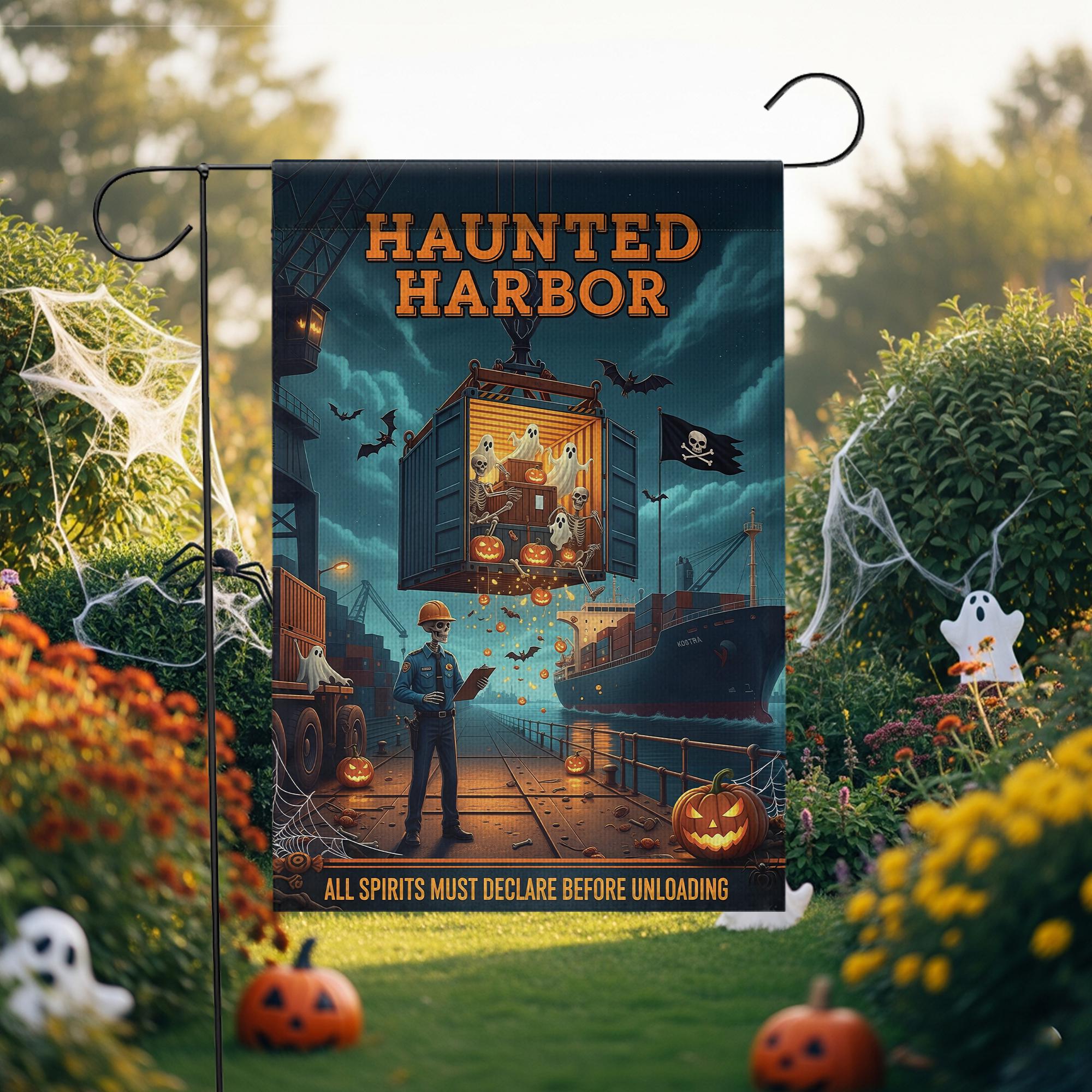Haunted Harbor Halloween Garden Flag – Funny Ghost Port Yard Decor – Shipping Dock Halloween Sign – Spooky Nautical Fall Flag