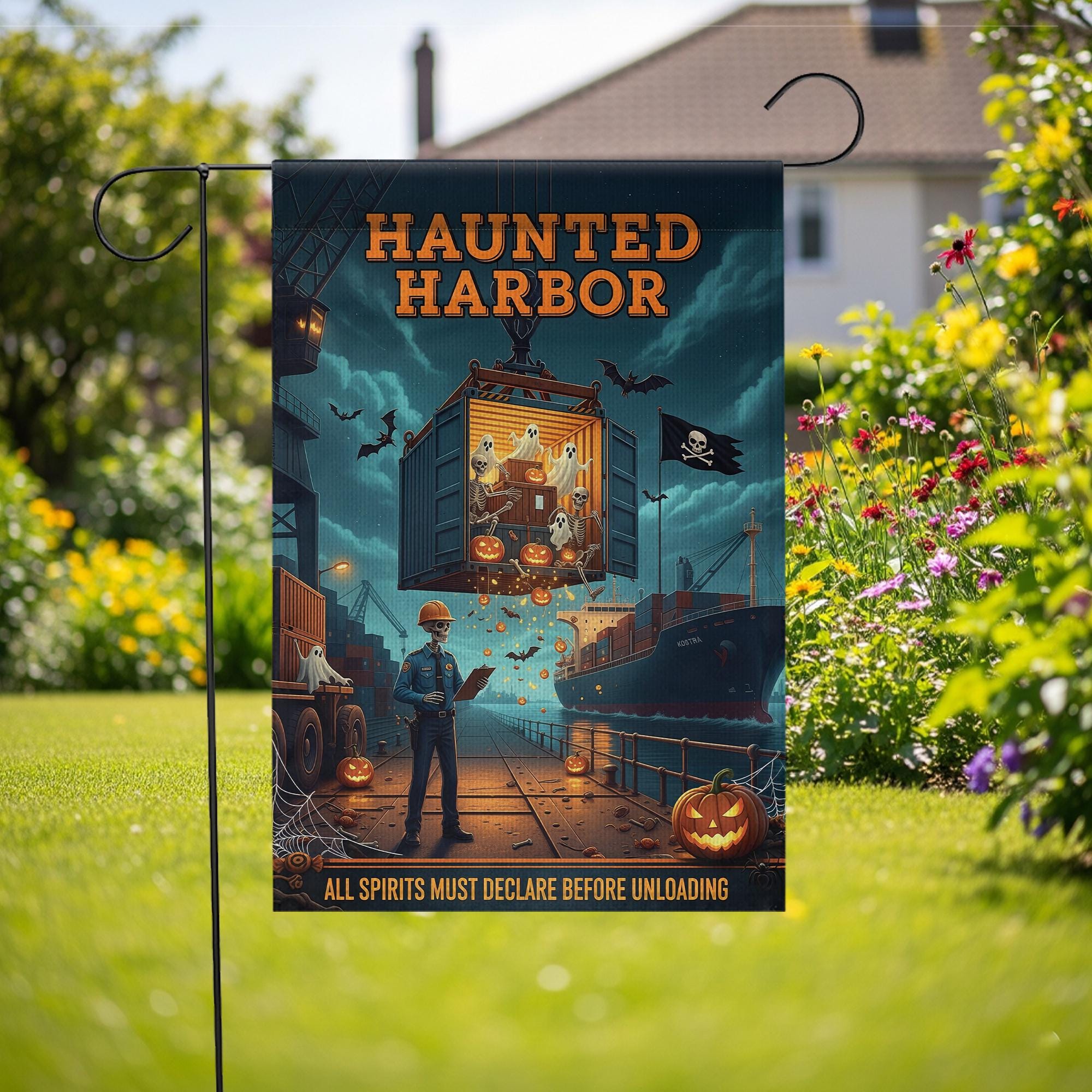 Haunted Harbor Halloween Garden Flag – Funny Ghost Port Yard Decor – Shipping Dock Halloween Sign – Spooky Nautical Fall Flag